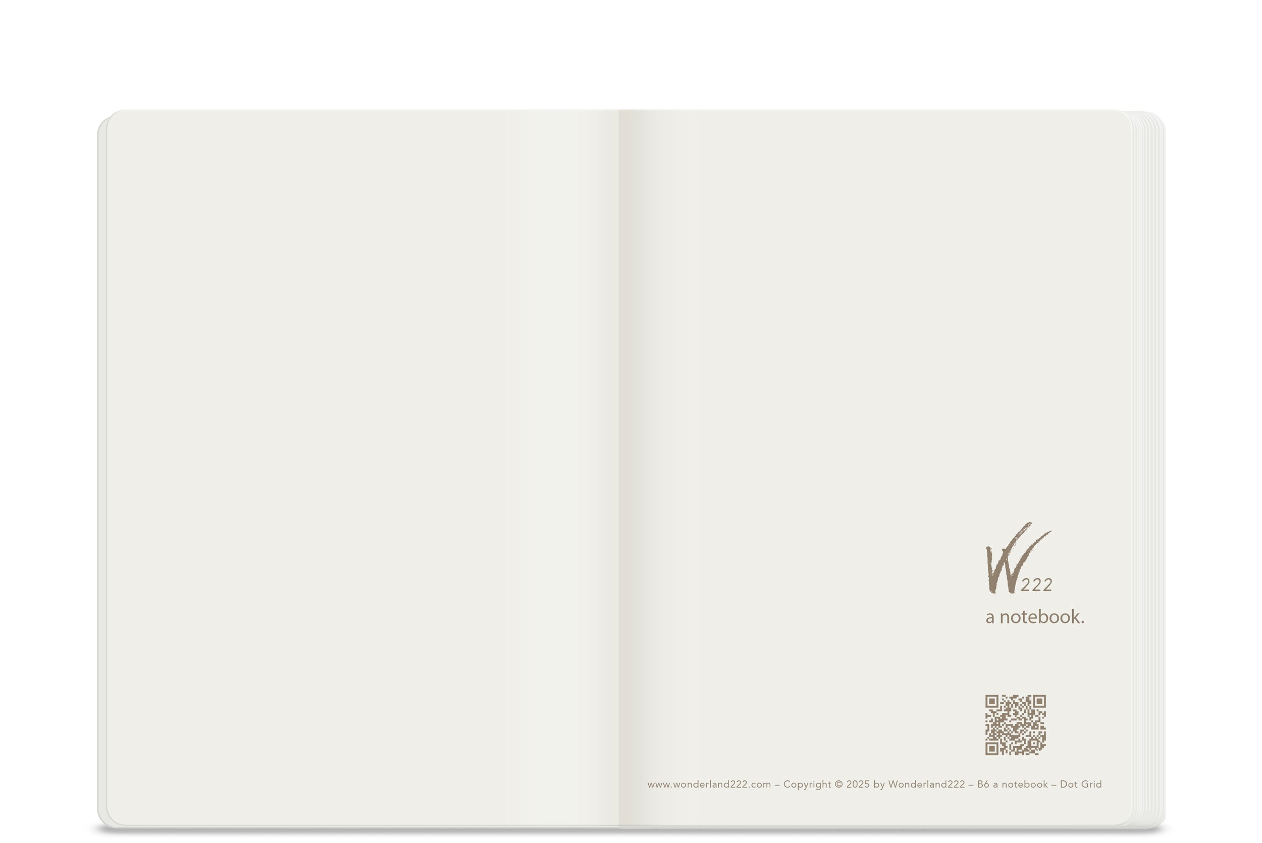 Front title page of a Wonderland 222 B6 notebook featuring the W222 logo, QR code, and clean minimalist layout on warm white paper