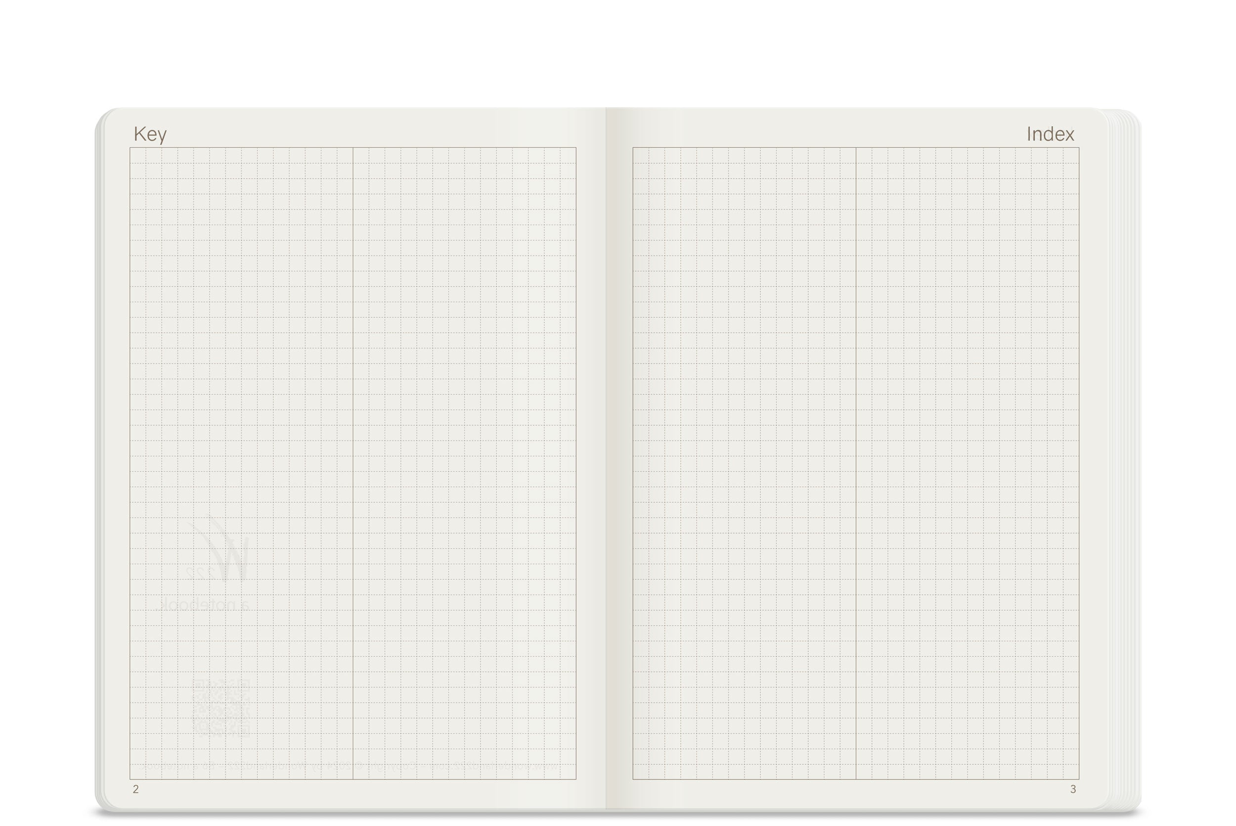 Wonderland 222 B6 grid notebook open to the index and key page.