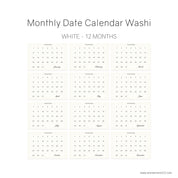 Wonderland 222 white Monthly Date Calendar Washi sticker set with minimalist numbered grids for January through December, ideal for planners, bullet journals, and notebook layouts