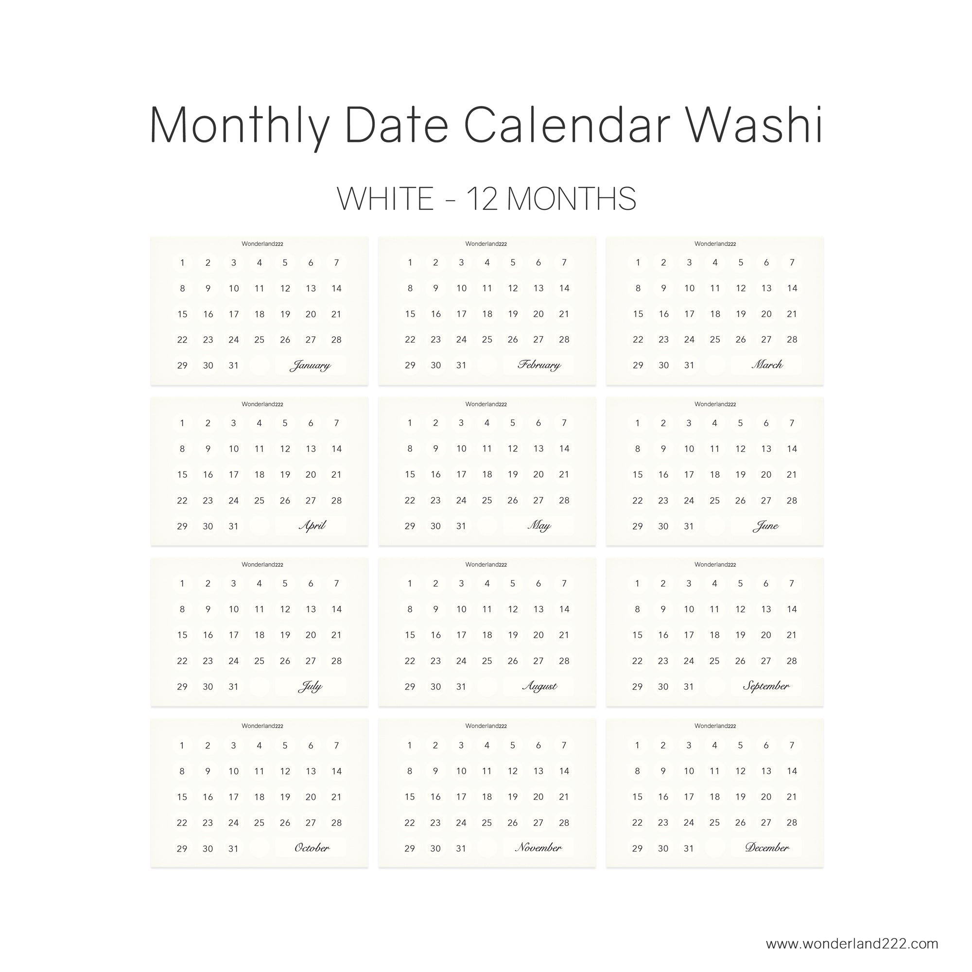 Wonderland 222 white Monthly Date Calendar Washi sticker set with minimalist numbered grids for January through December, ideal for planners, bullet journals, and notebook layouts