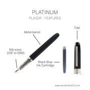 Platinum Plaisir fountain pen feature guide showing metal barrel, cap, nib sizes, and ink cartridge