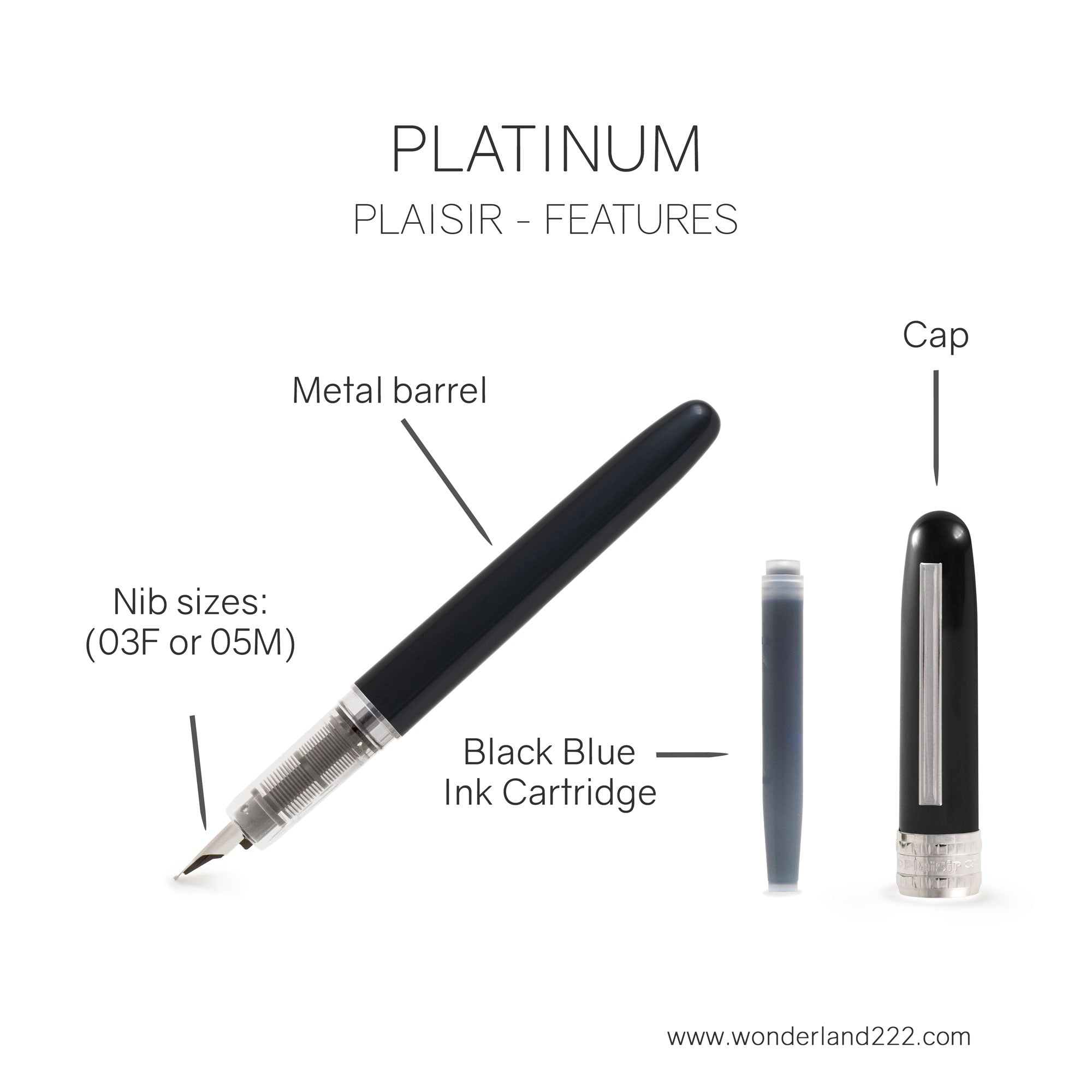 Platinum Plaisir fountain pen feature guide showing metal barrel, cap, nib sizes, and ink cartridge