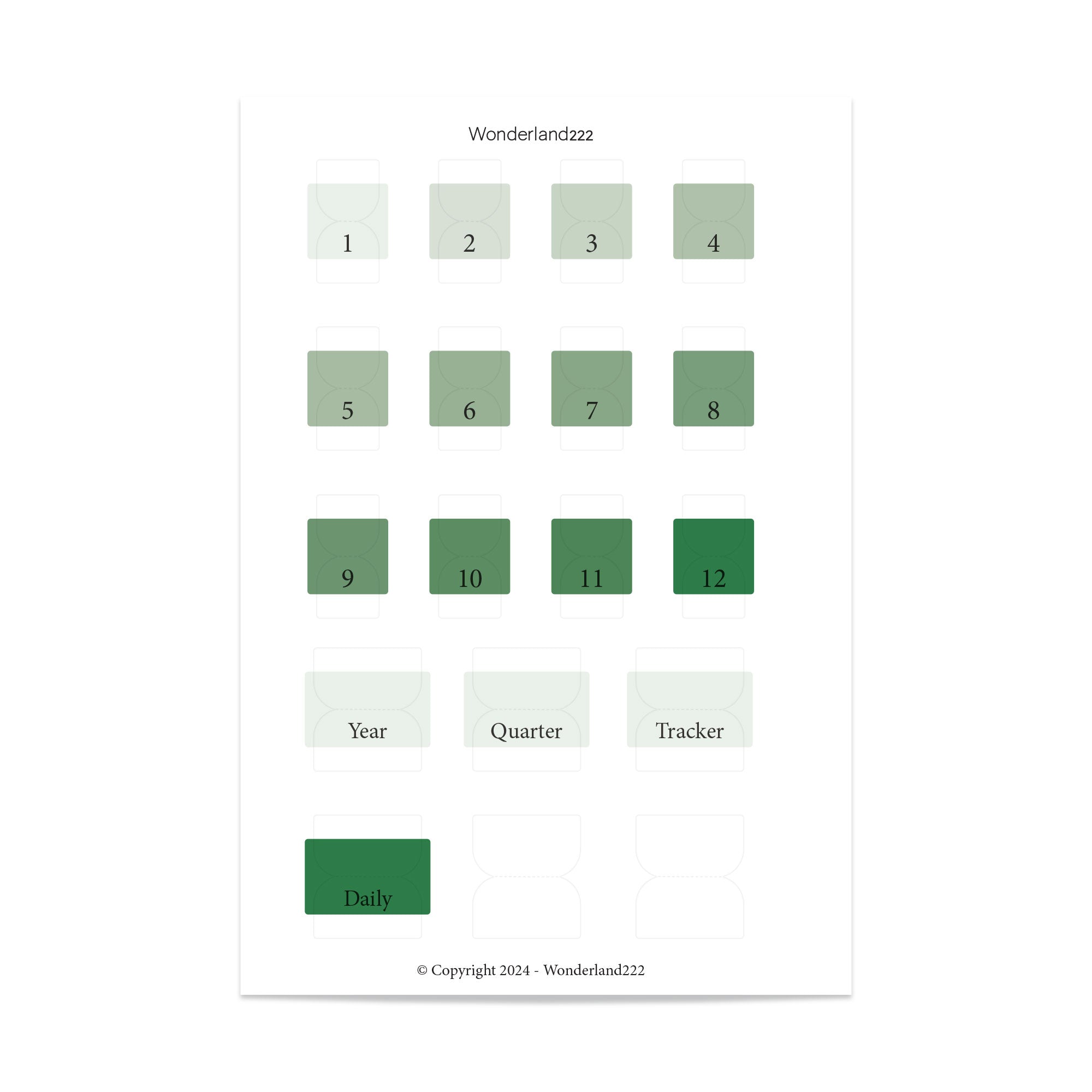 Wonderland 222 Green planner index tabs with labeled sections year quarter tracker daily and numbered tabs for organization