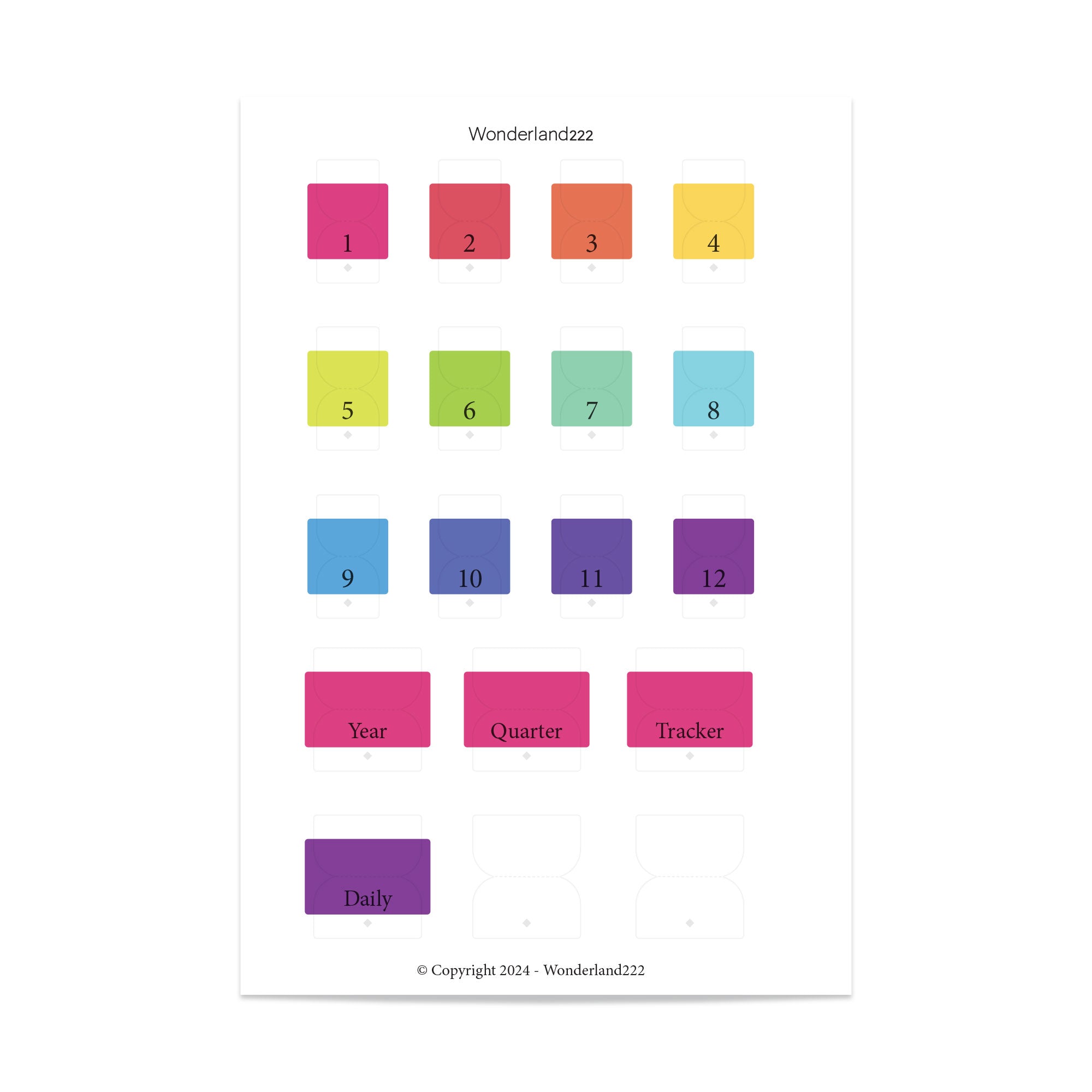 Wonderland 222 Rainbow planner index tabs with labeled sections year quarter tracker daily and numbered tabs for organization