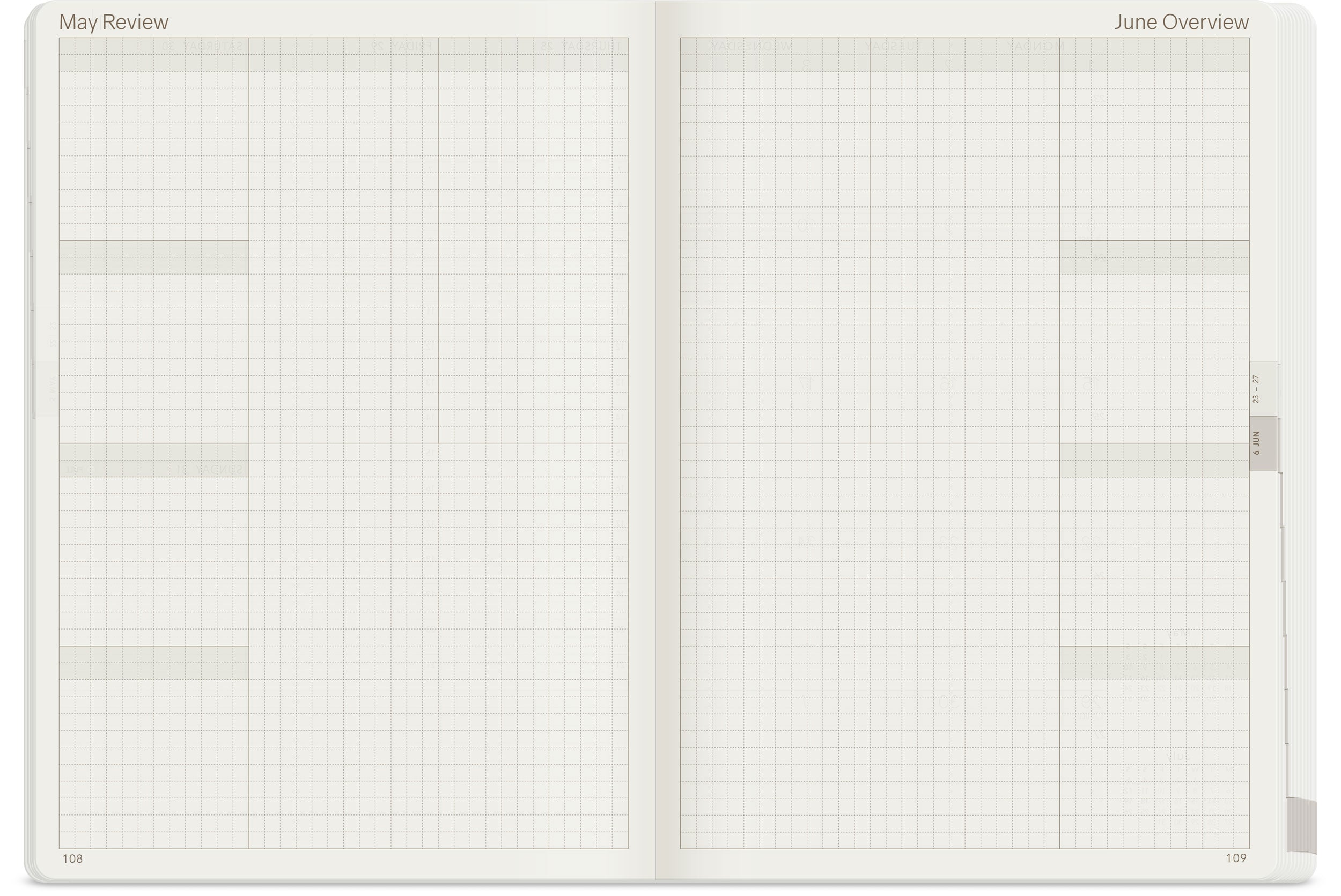 Wonderland 222 2026 A5 planner May Review and June Overview layout featuring quadrant style reflection sections and minimalist dot grid design on white fountain pen friendly paper