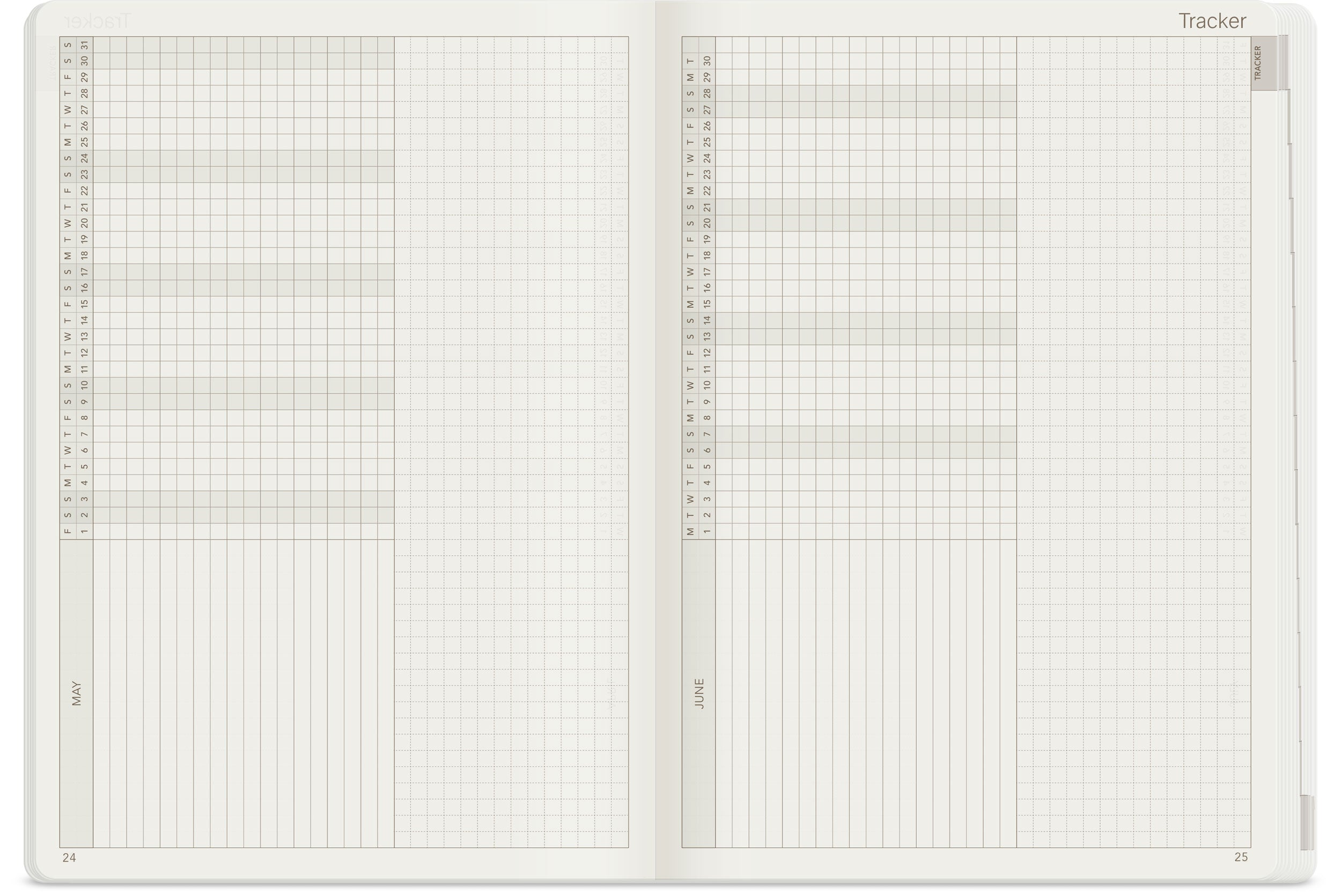 Wonderland 222 2026 A5 planner Tracker spread featuring two-page monthly habit tracking grid with vertical dates, weekday initials, large square tracking boxes, and white fountain pen friendly paper