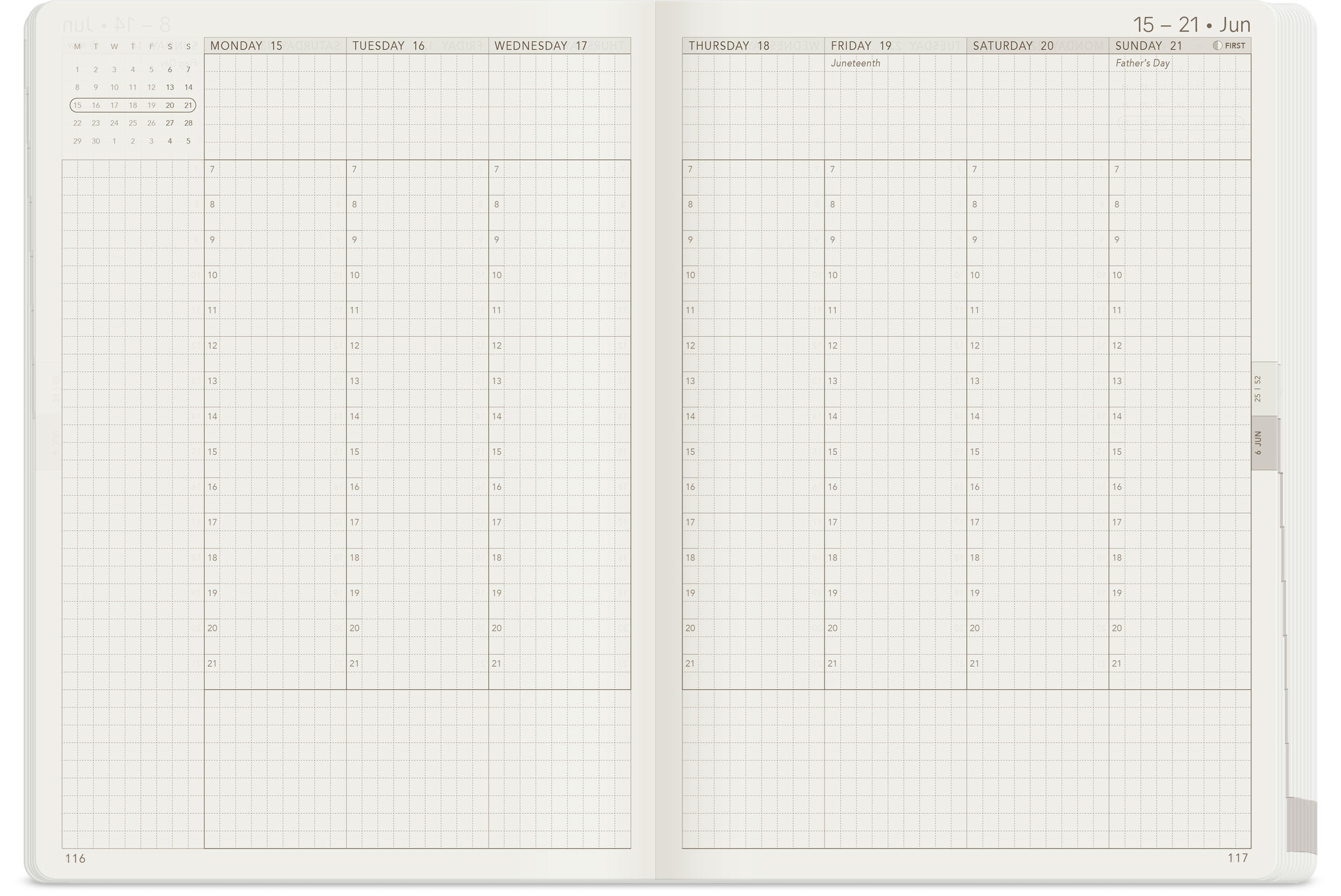 Wonderland 222 2026 A5 Weekly Unstacked planner spread with vertical daily columns, hourly schedule 7 to 21, top priorities section, mini calendar, and minimalist grid layout on white fountain pen friendly paper