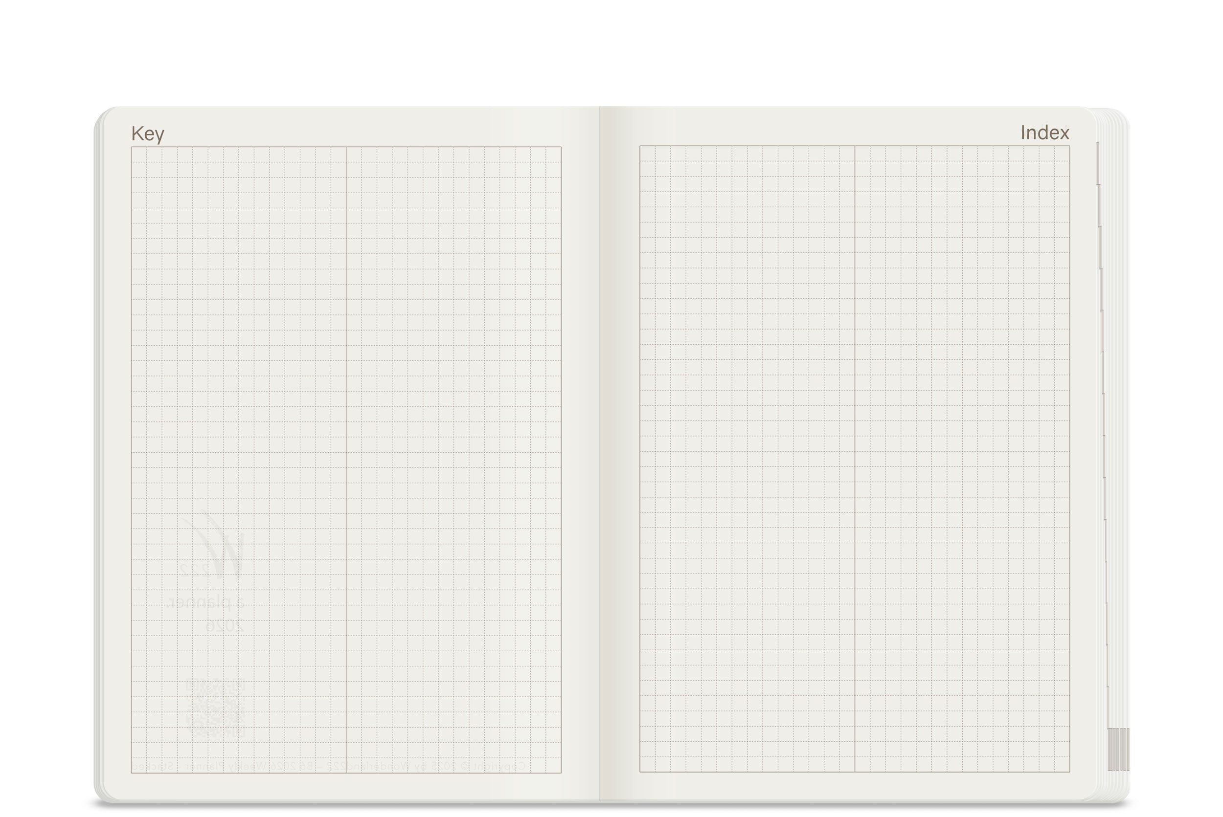 Wonderland 222 2026 B6 planner Key and Index spread with dot grid layout on white ultra thin lightweight pages, fountain pen friendly.