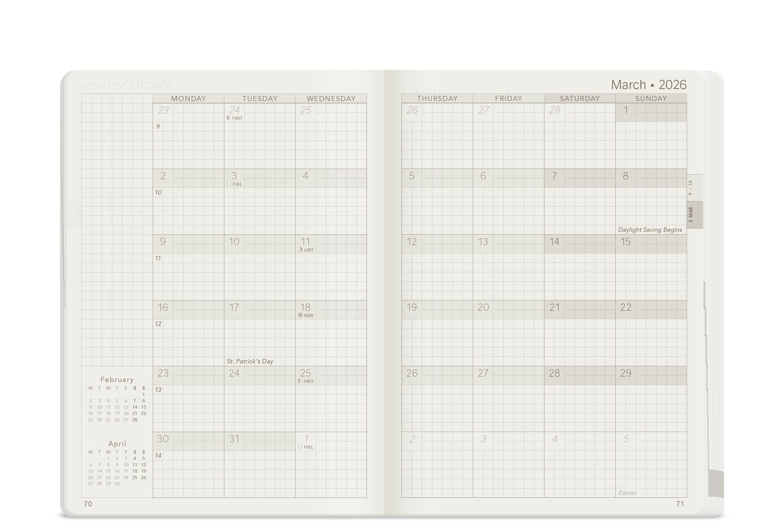 Wonderland 222 B6 2026 monthly planner layout showing March 2026 in a six week grid format with Monday start, subtle dot grid structure, on white paper great for ADHD