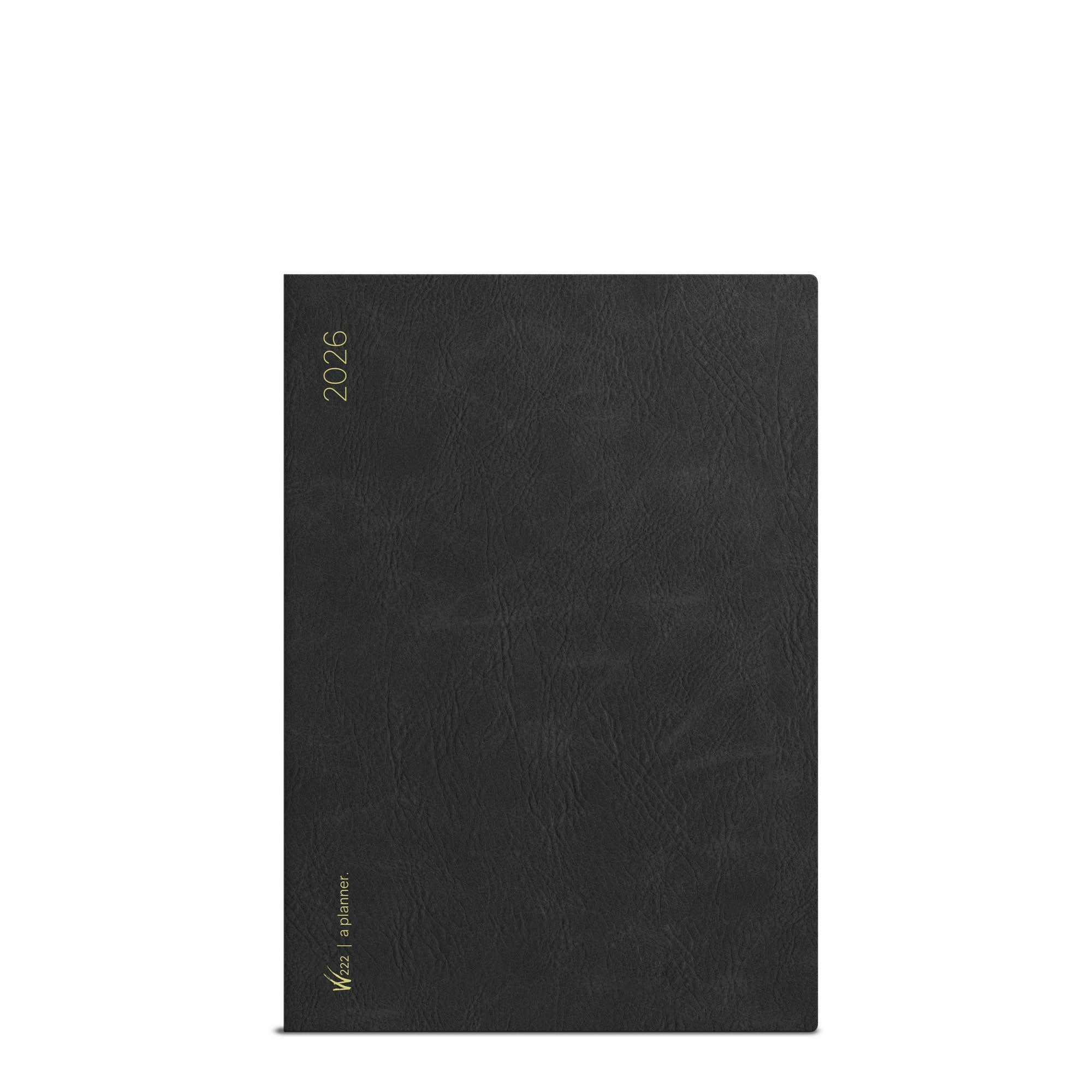 Wonderland 222 2026 A6 weekly planner cover in Midnight Sky black with gold foil “2026” and minimalist textured cover.