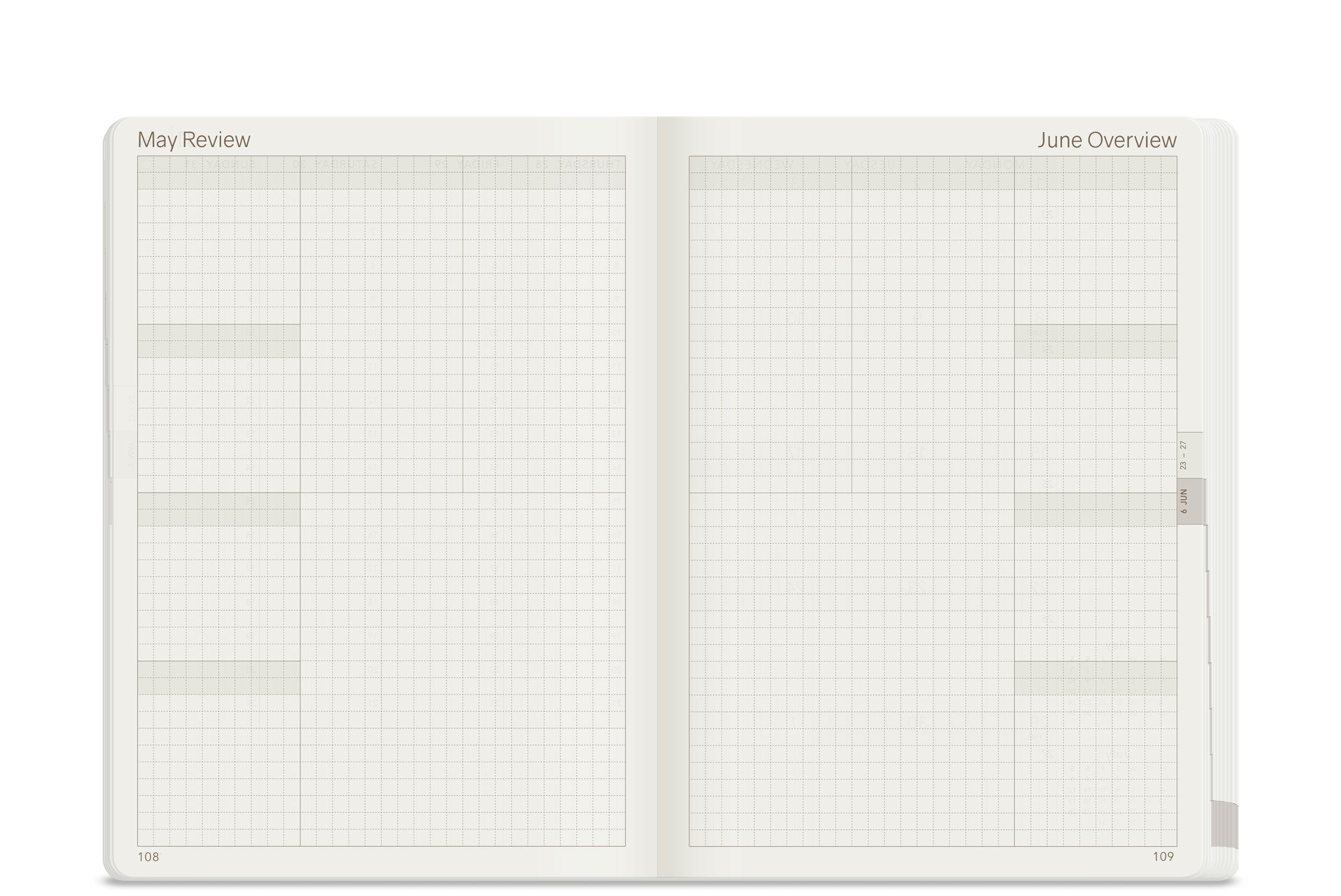 Wonderland 222 B6 2026 review and overview planner spread for May and June on white paper, ultra thin lightweight fountain pen friendly paper

