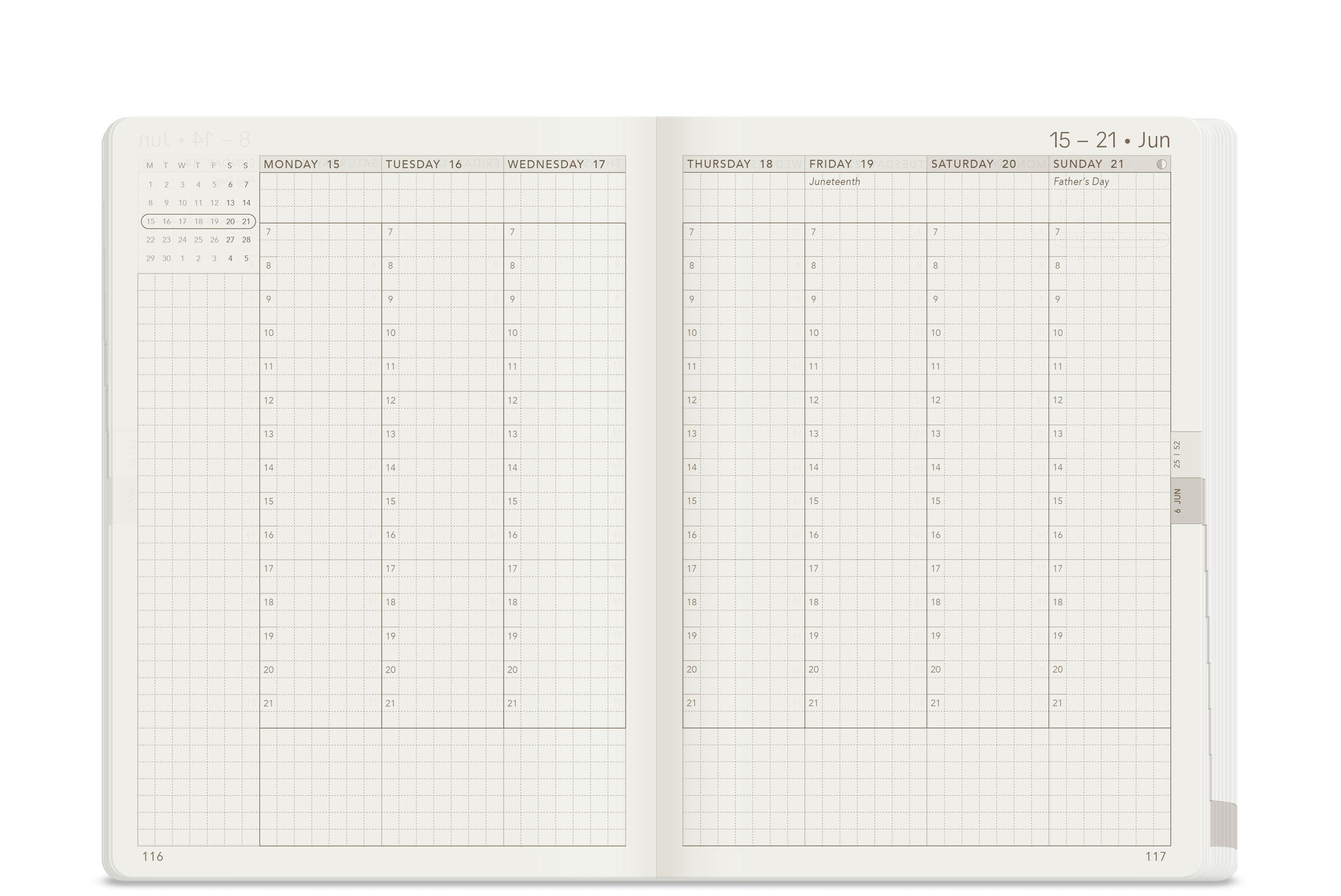 Wonderland 222 2026 B6 weekly unstacked planner interior spread on white paper featuring minimalist grid layout with daily columns Monday through Sunday and notes page, ultra thin and fountain pen friendly.
