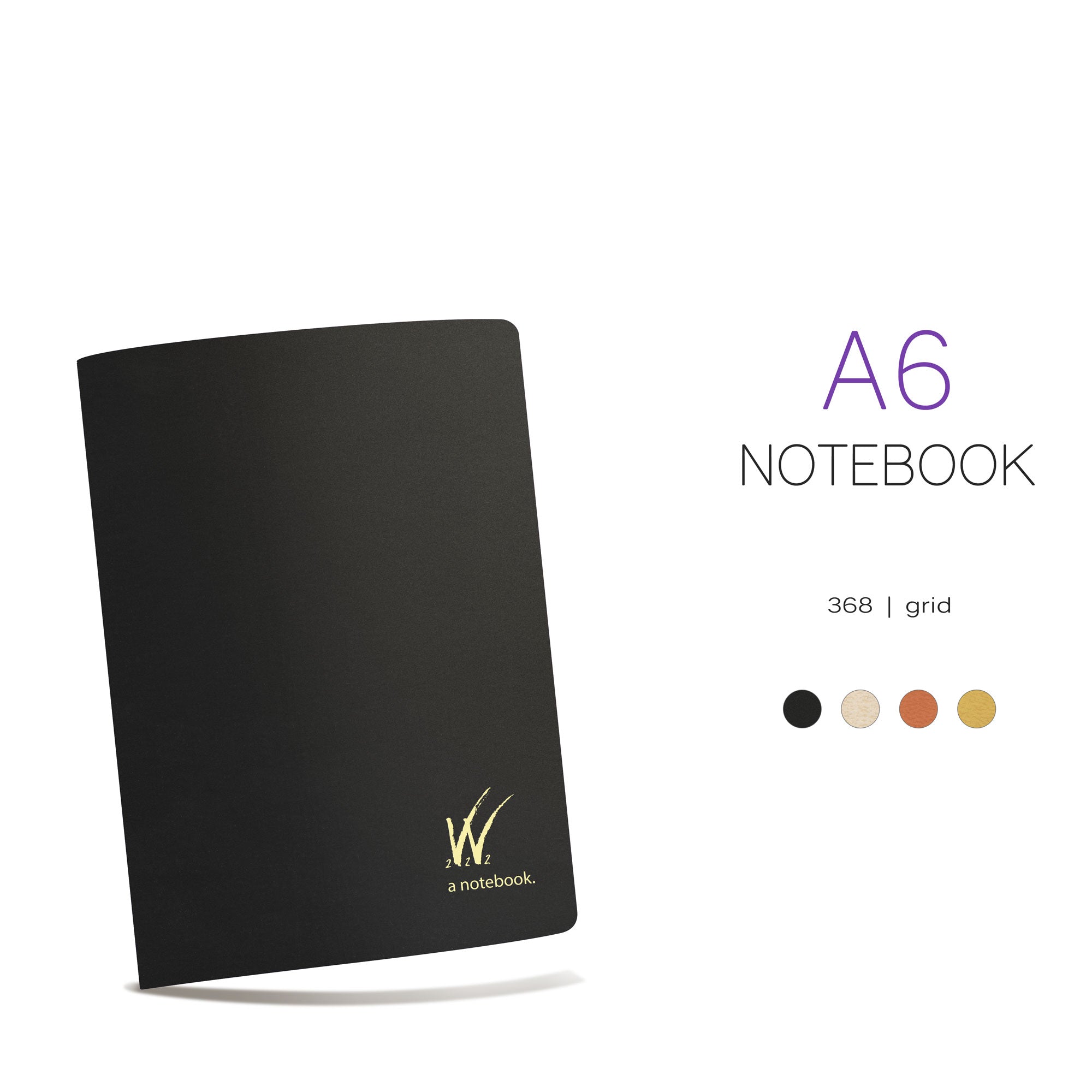 Wonderland 222 A6 notebook in Midnight sky black with textured cover, 368-page grid layout, minimalist design, fountain pen friendly paper additional color options shown.