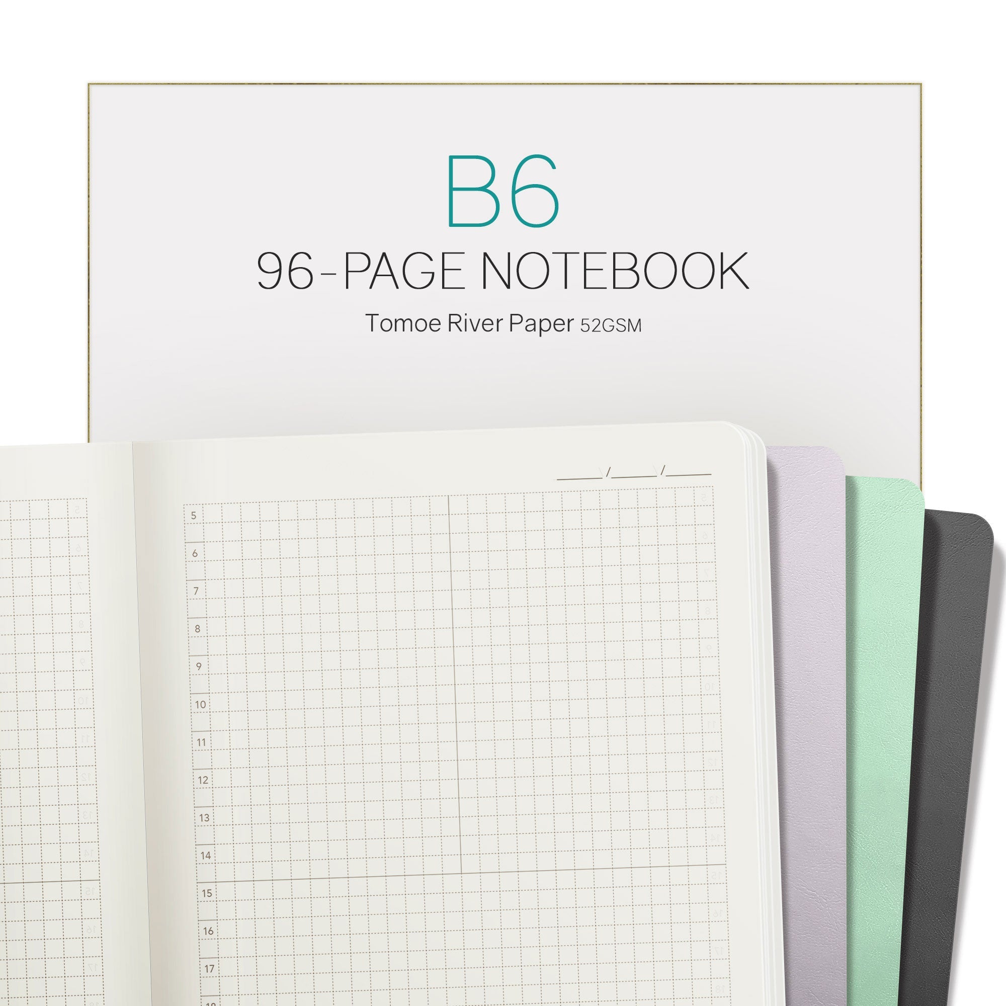 Wonderland 222 B6 96 page notebook with Tomoe River Paper 52gsm featuring minimalist grid notebook layout and pastel cover color options.