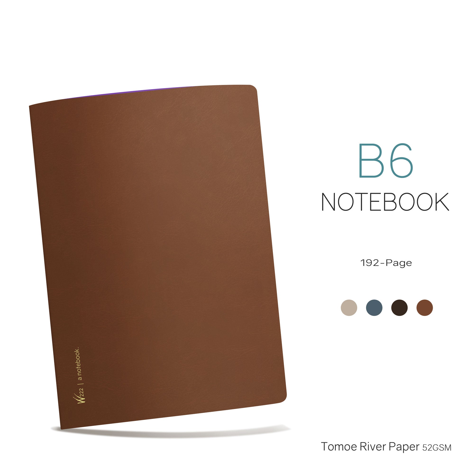 Wonderland 222 B6 notebook with 192-pages of 52gsm grid tomoe river paper in Seattle roast. Additional colors shown below