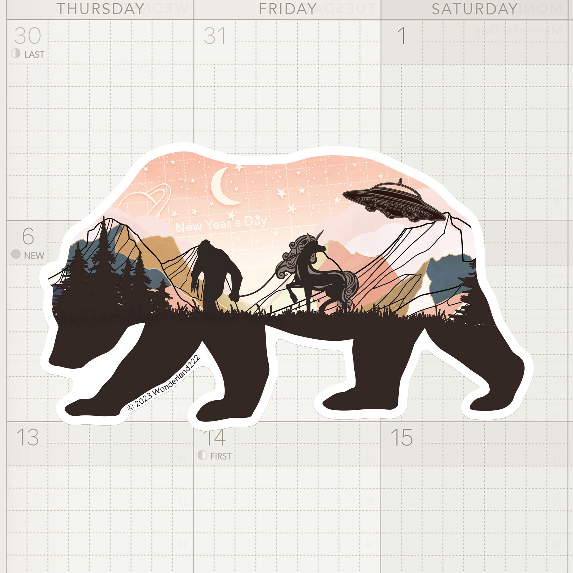 Wonderland 222 fantasy landscape sticker with bear silhouette, UFO, mountains, and forest design