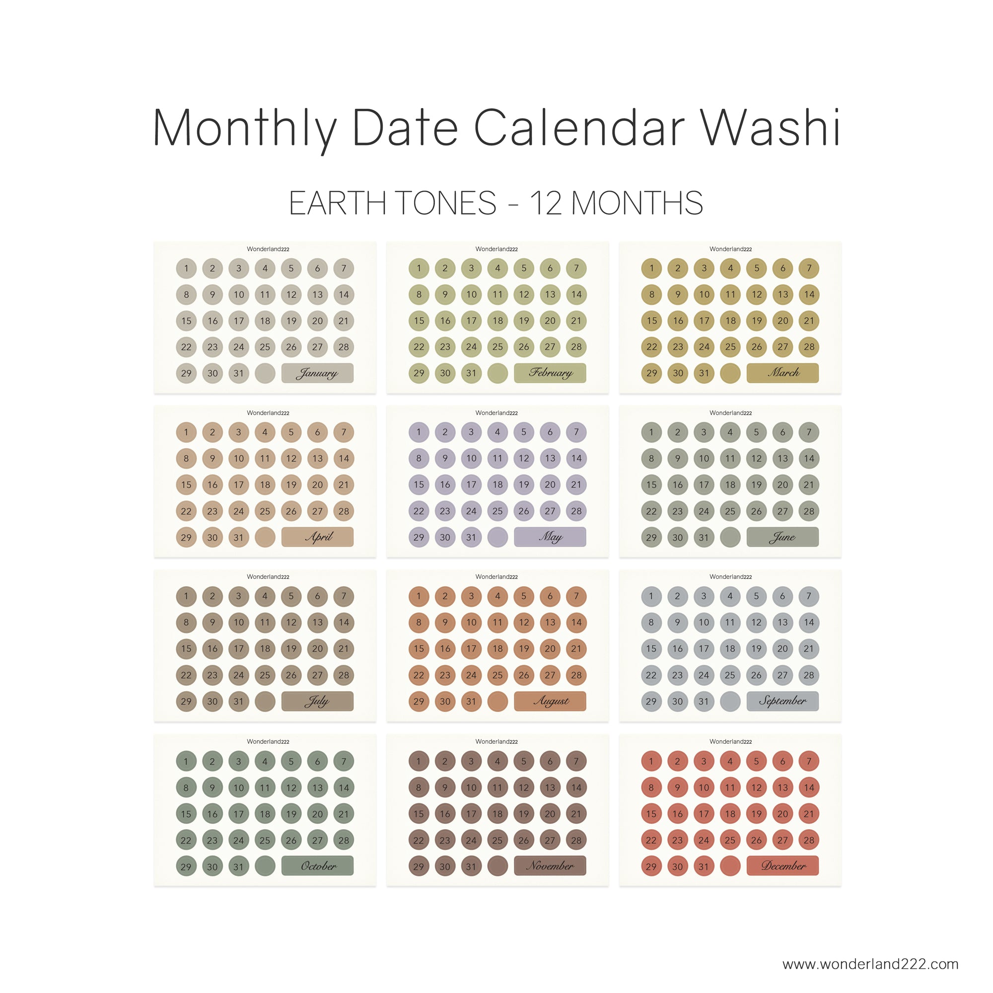 Wonderland 222's calendar washi monthly and date stickers in earth tones with labels on a white background