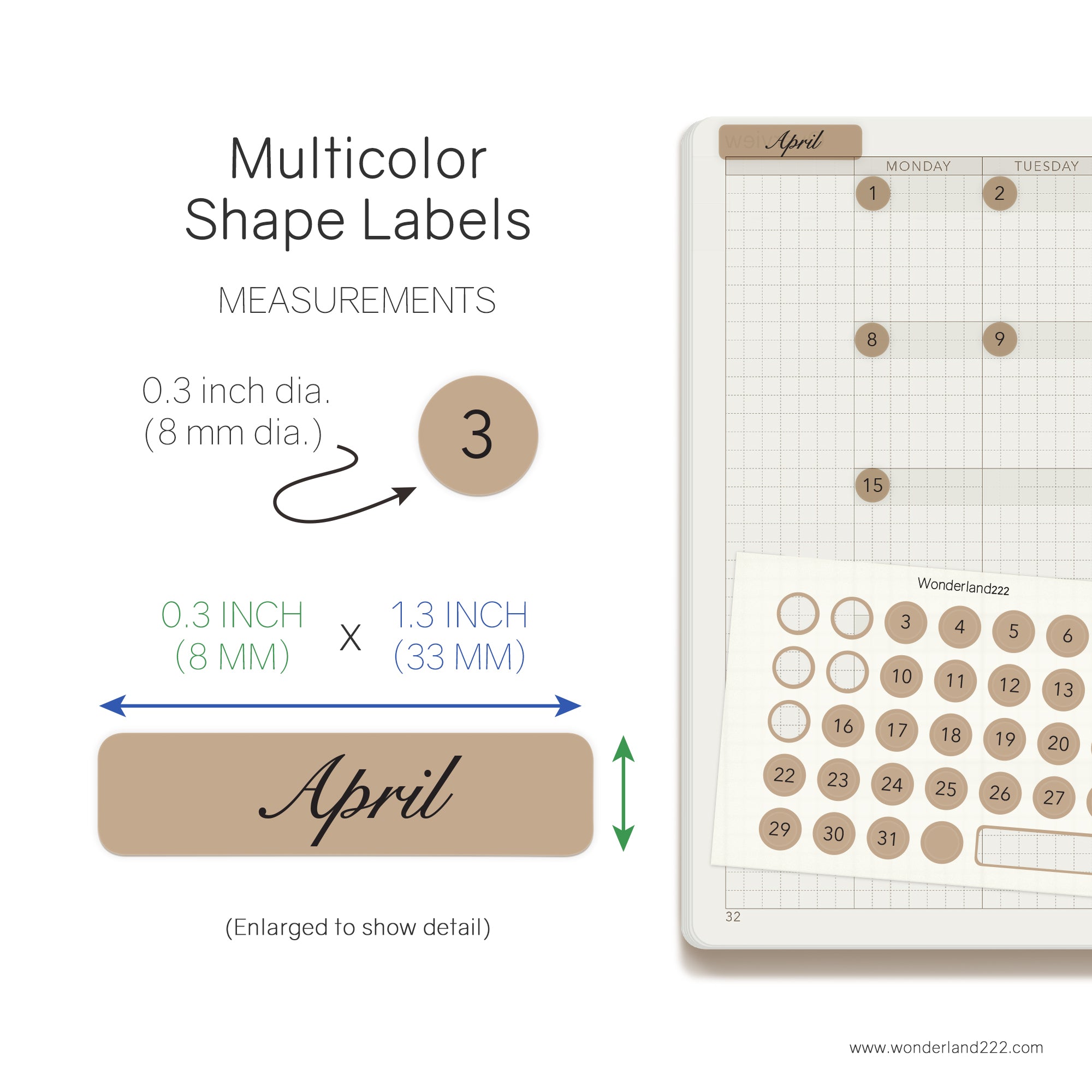 Wonderland 222 multicolor shape date stickers with measurements, planner labels for A5 weekly layout, USA stationery brand
