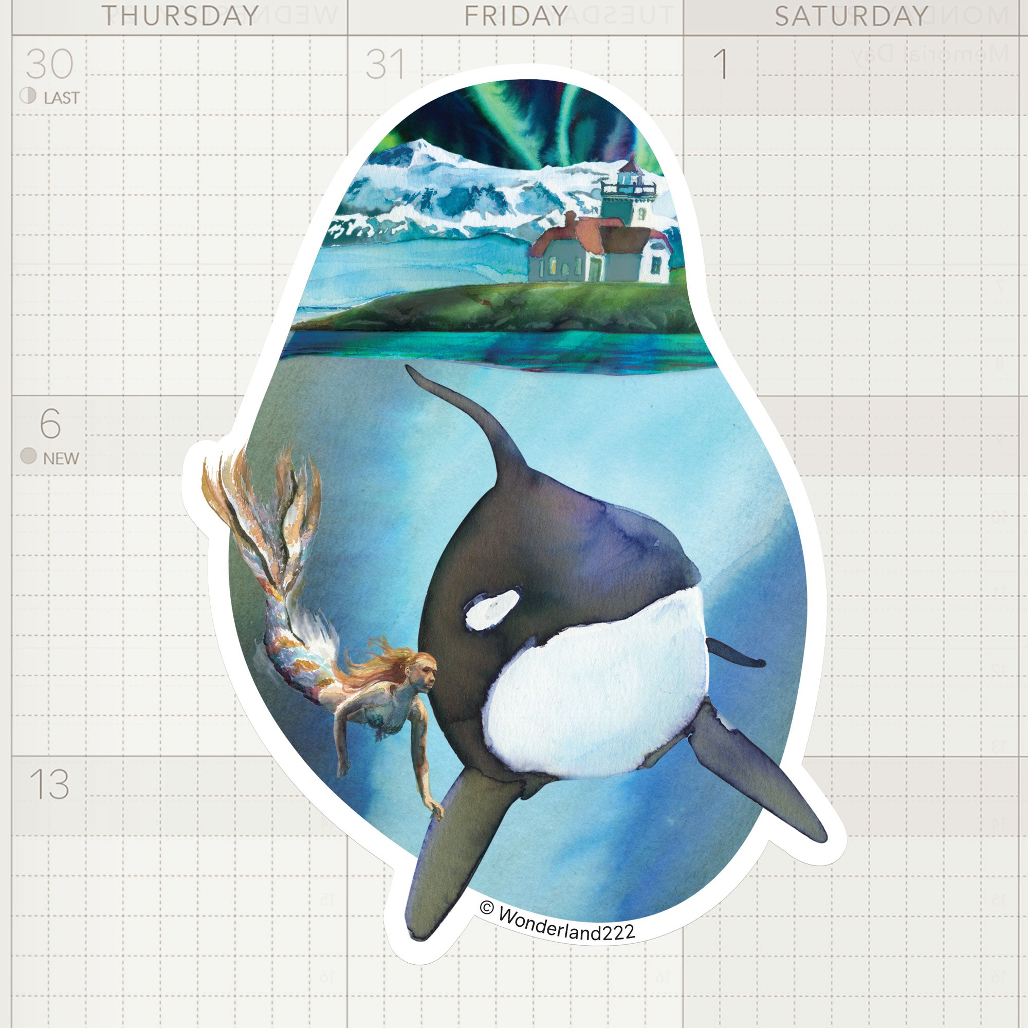 Wonderland 222 mermaid and orca sticker with ocean inspired watercolor illustration and lighthouse details