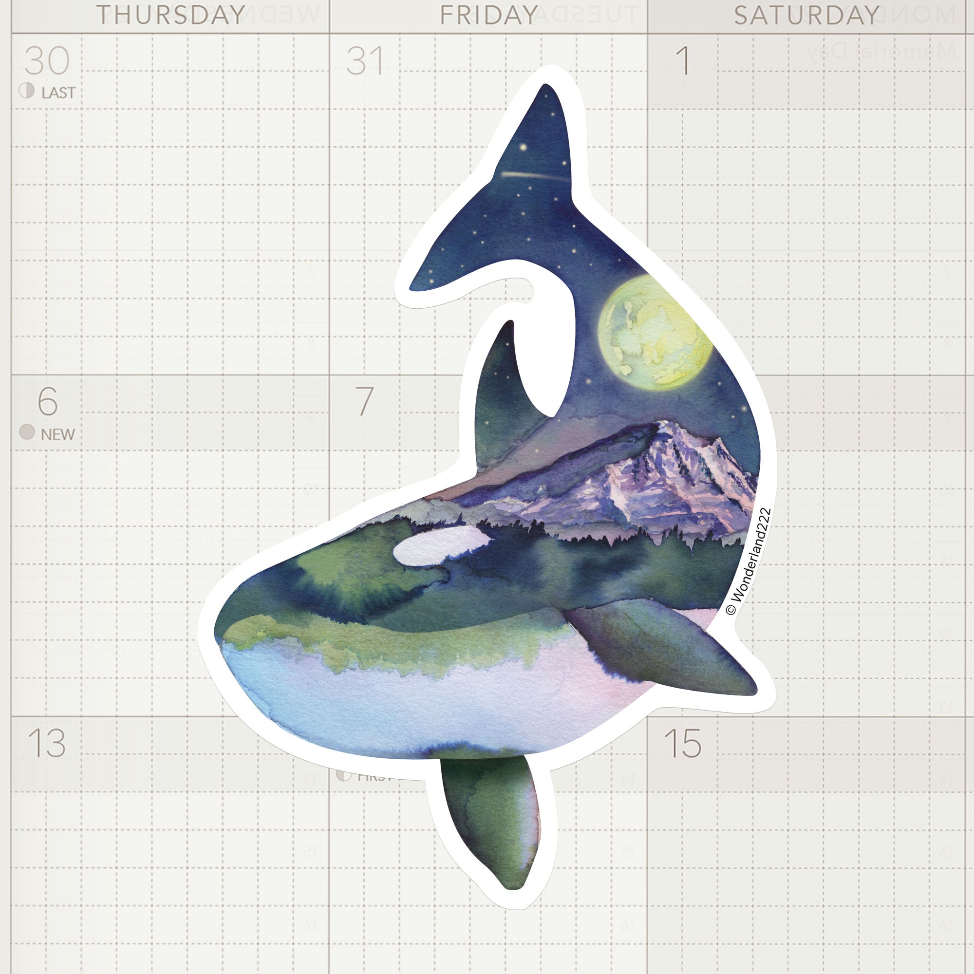 Wonderland 222 scenic orca sticker with celestial sky and watercolor mountain illustration