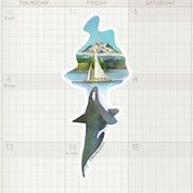 Wonderland 222 scenic orca sticker with sailboat, mountains, and ocean watercolor artwork