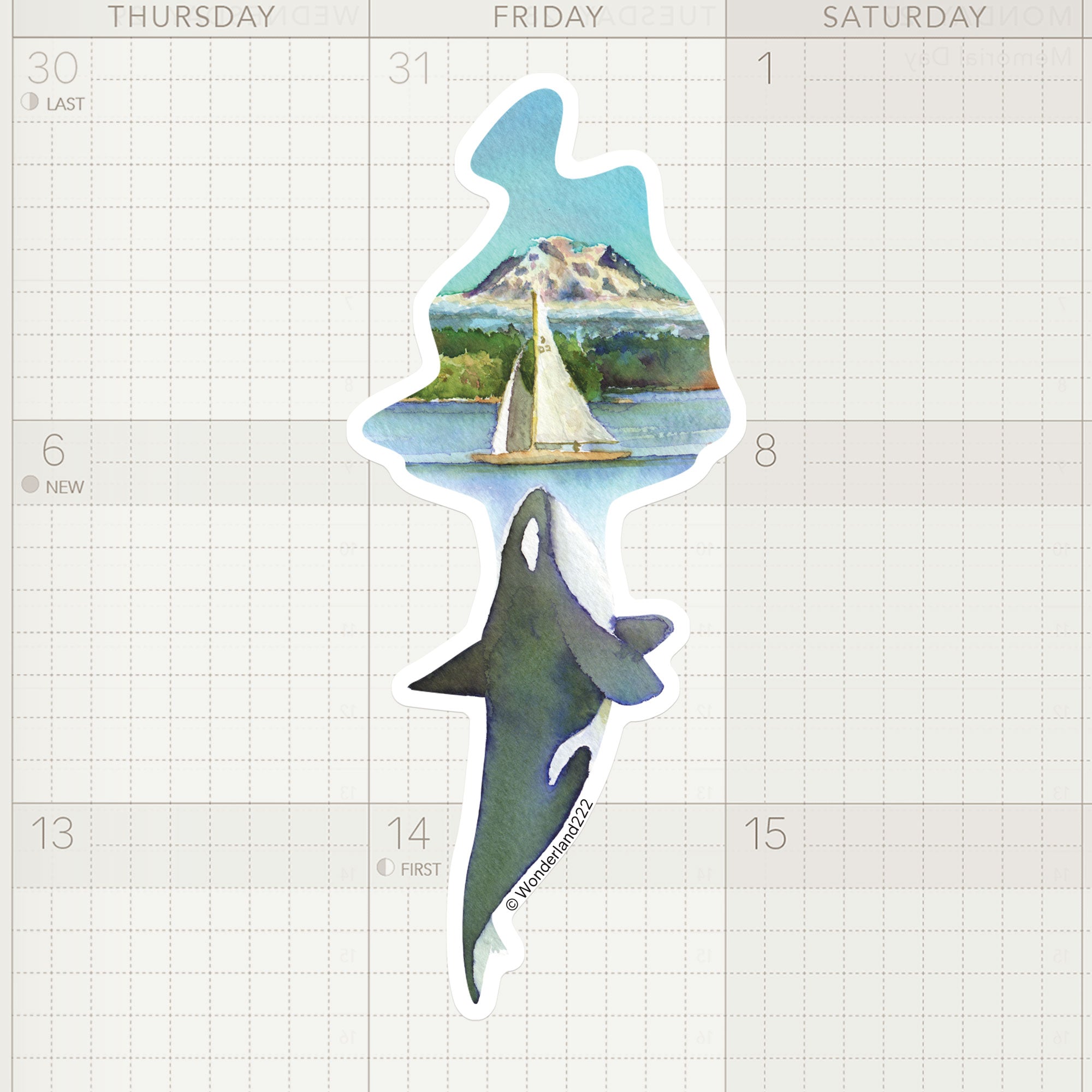Wonderland 222 scenic orca sticker with sailboat, mountains, and ocean watercolor artwork