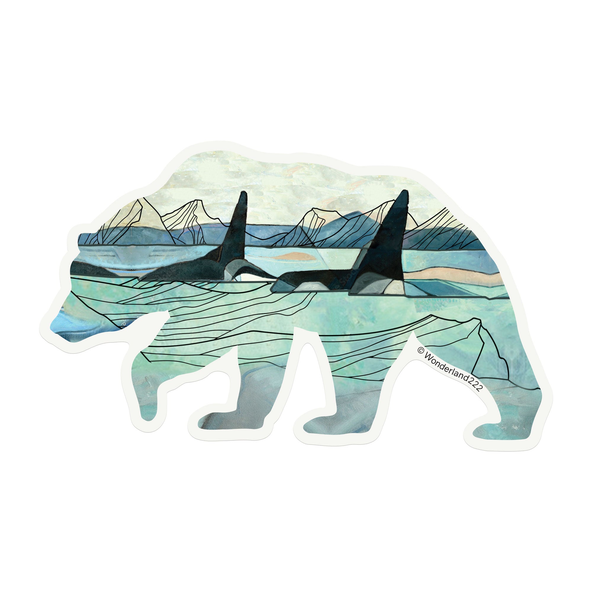 Wonderland 222 bear sticker with orca whales and coastal mountain landscape illustration