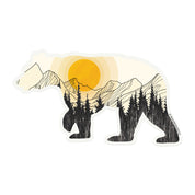 Wonderland 222 bear sticker with mountain sunrise and forest silhouette illustration
