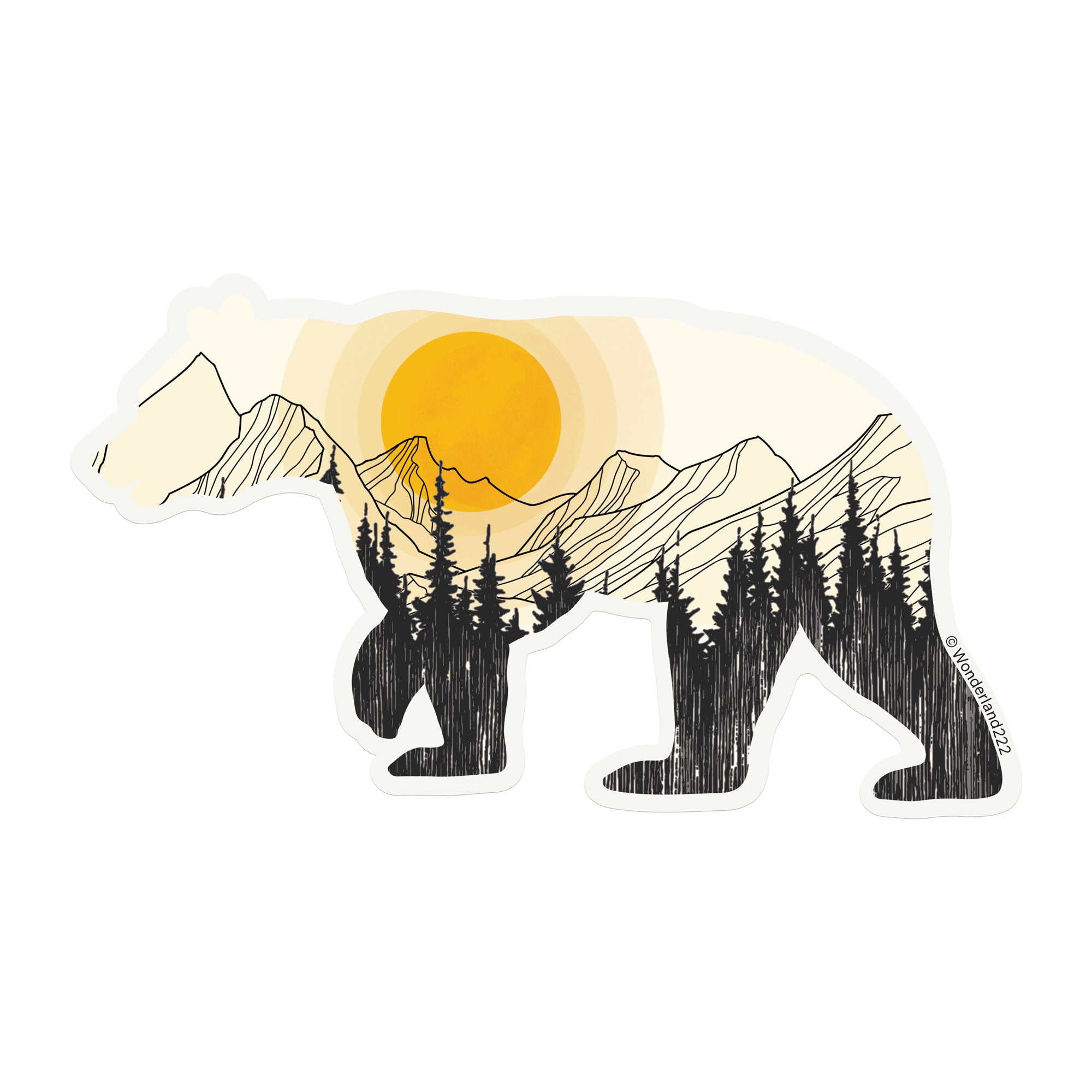 Wonderland 222 bear sticker with mountain sunrise and forest silhouette illustration