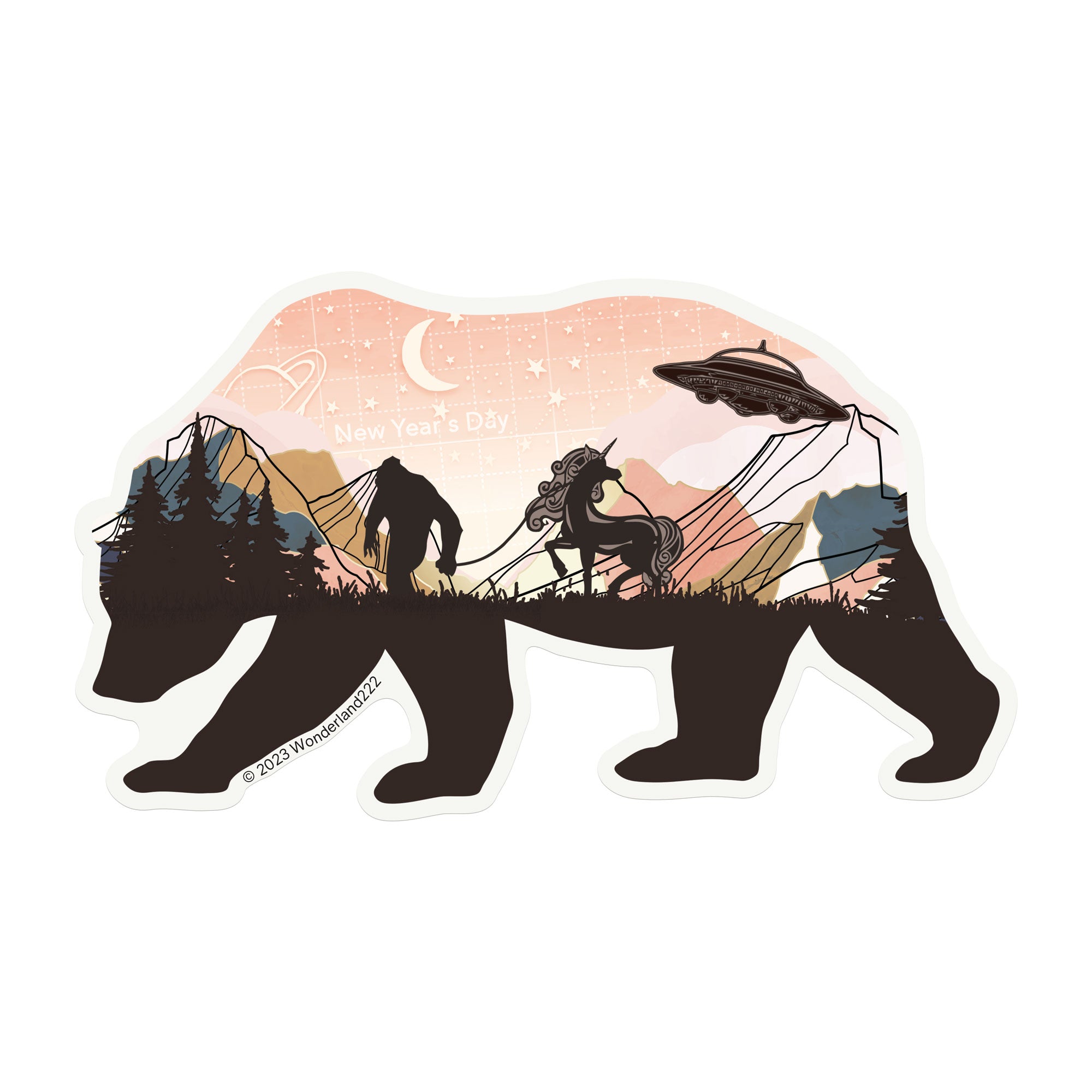 Wonderland 222 bear sticker featuring Bigfoot, unicorn, and UFO mountain artwork