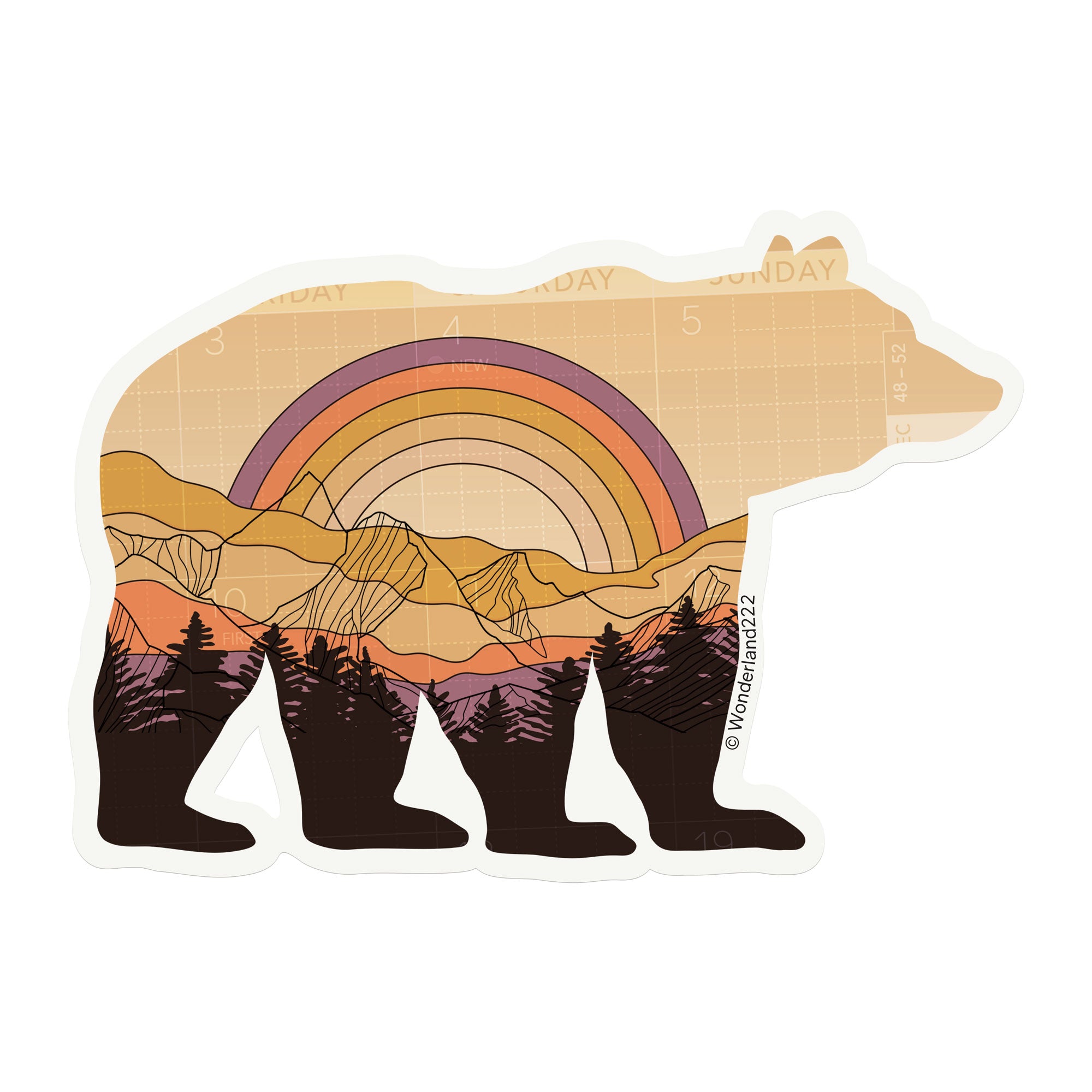 Wonderland 222 bear sticker with vintage rainbow and mountain landscape illustration
