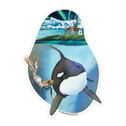 Wonderland 222 orca and mermaid sticker with watercolor ocean and northern lights artwork