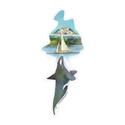 Wonderland 222 orca whale sticker with sailboat and mountain watercolor illustration