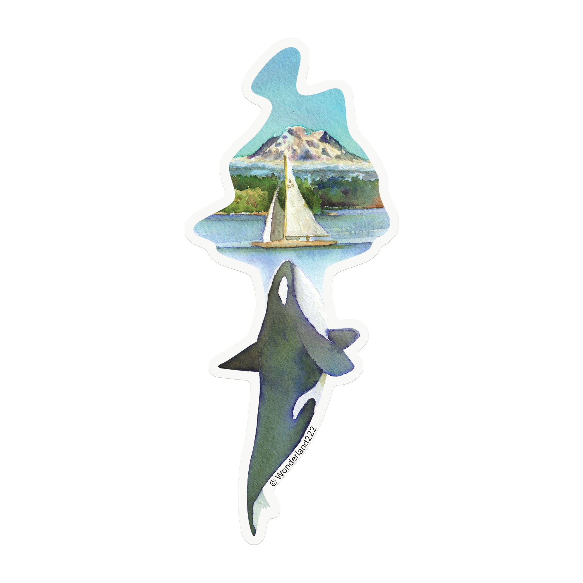 Wonderland 222 orca whale sticker with sailboat and mountain watercolor illustration