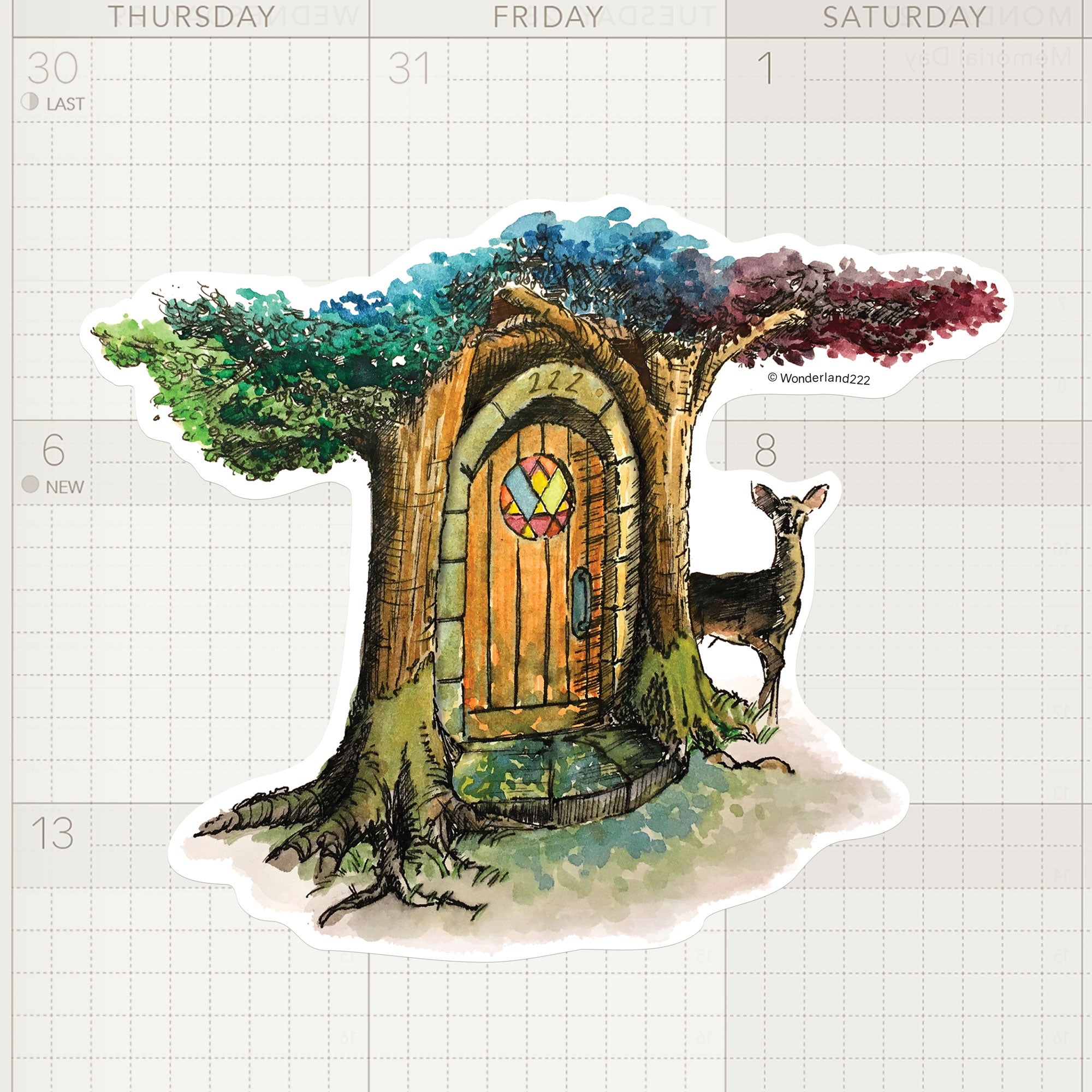 Wonderland 222 fantasy tree house sticker with watercolor woodland illustration