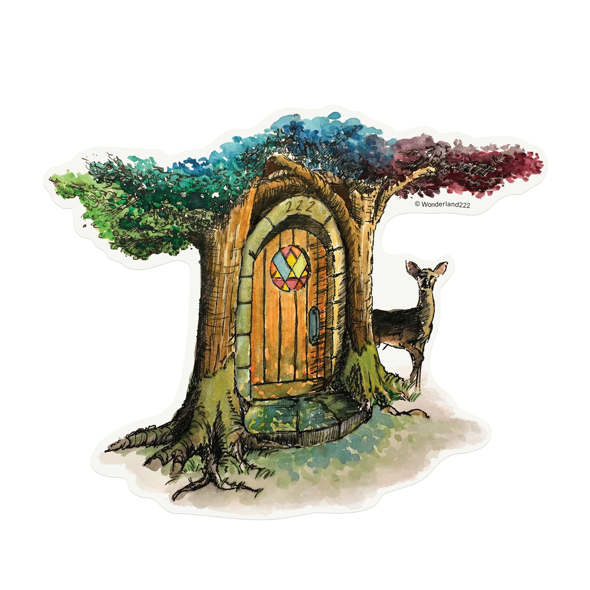 Wonderland 222 fantasy tree house sticker with watercolor woodland illustration