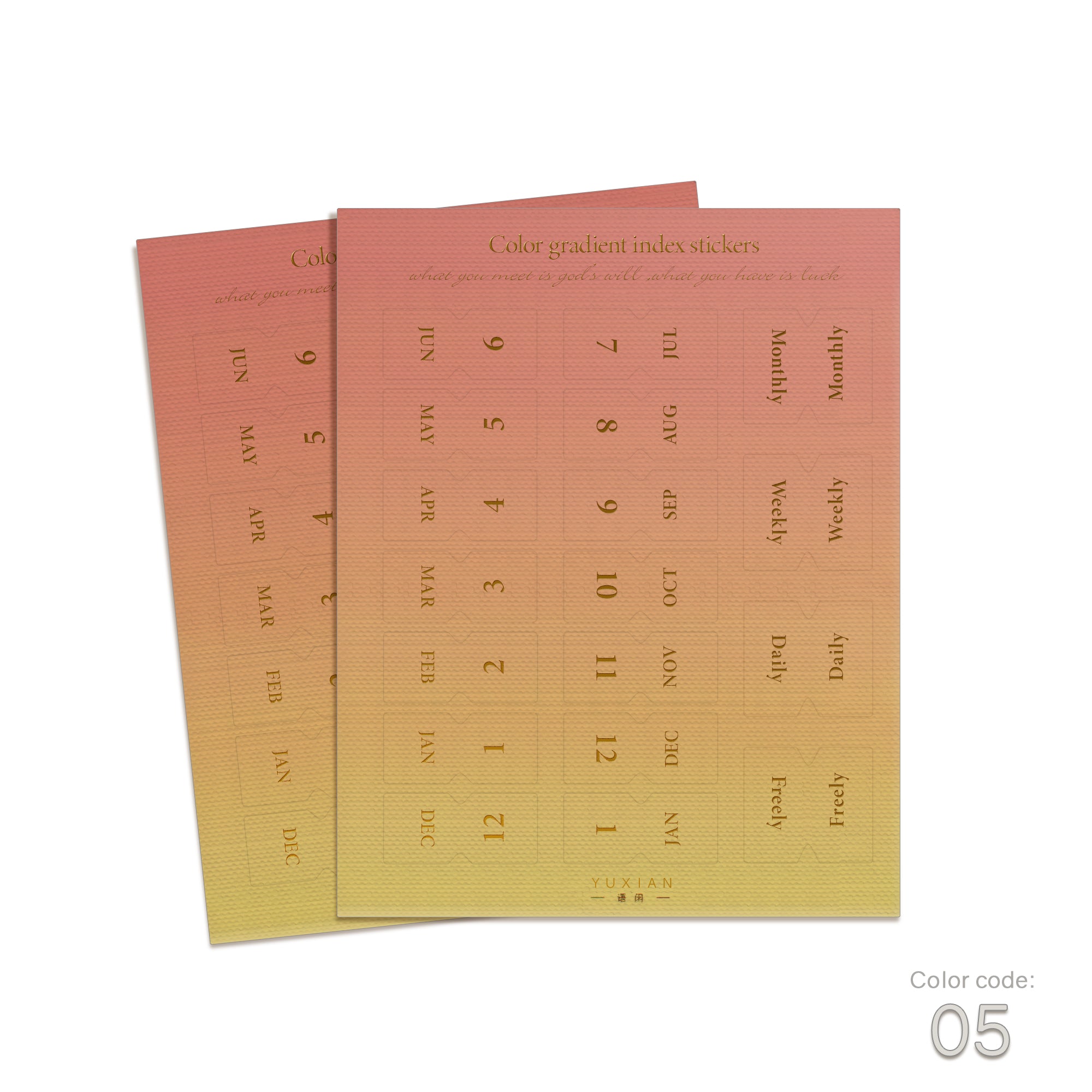 Wonderland 222 yellow to orange gradient index stickers featuring elegant monthly planner tabs and gold foil style typography