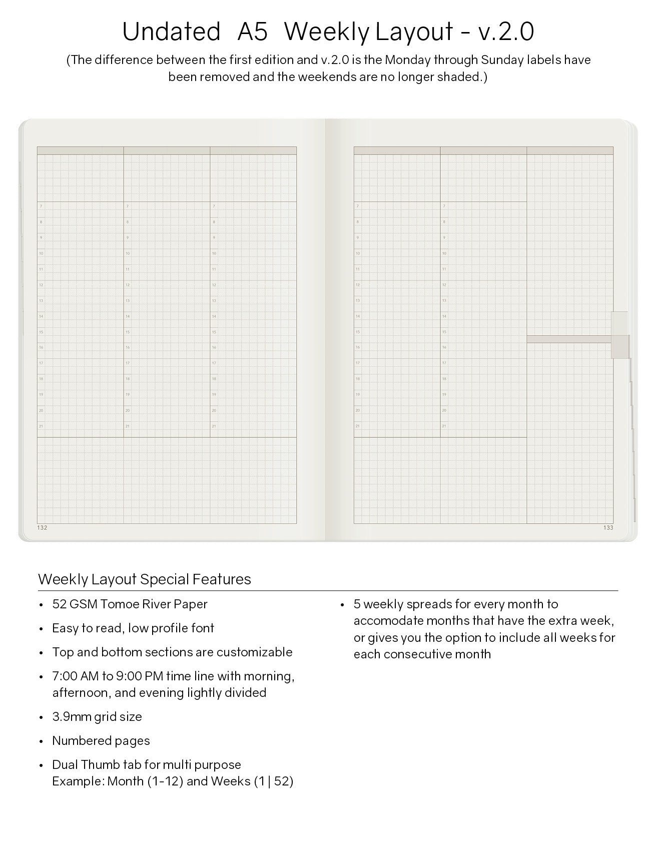 A5 Undated Weekly Planner v.2 - 52gsm Tomoe River Paper