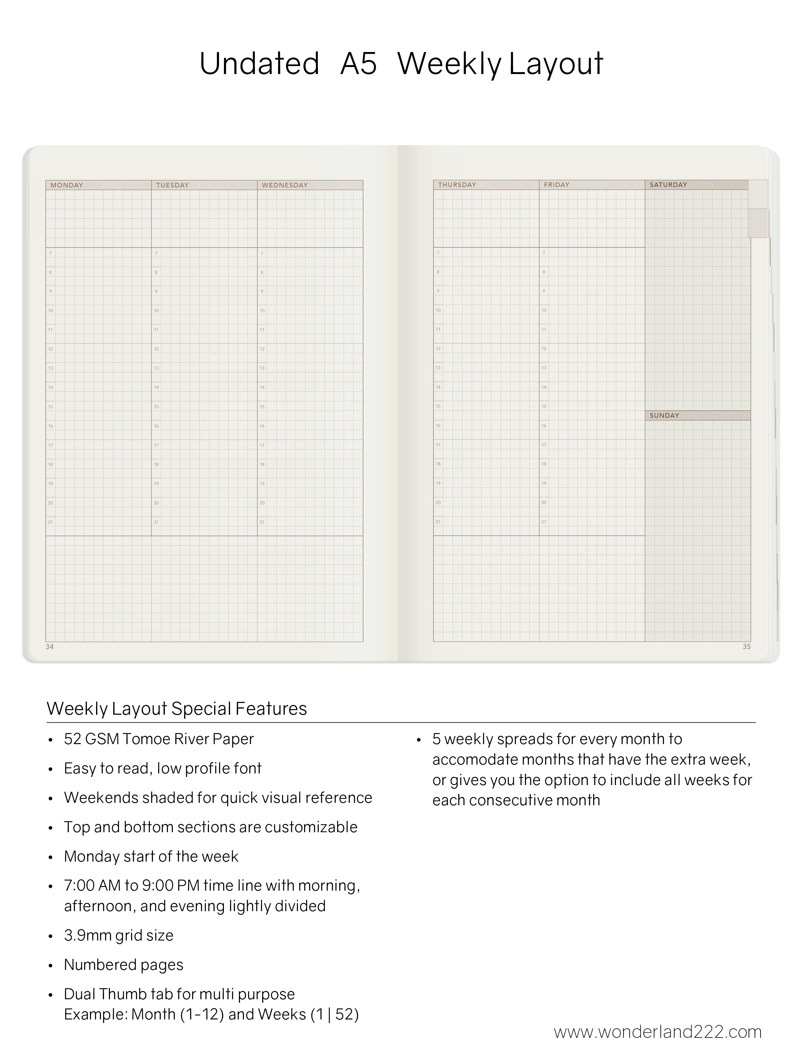 A5 Undated Weekly Planner – Tomoe River Paper – Wonderland 222