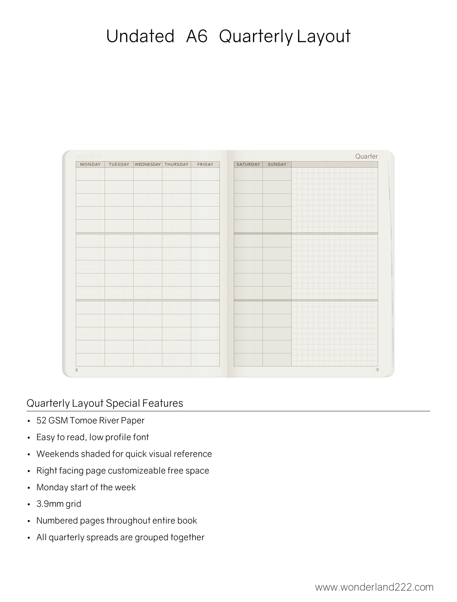  A6 Planner Inserts with Undated Monthly Calendar