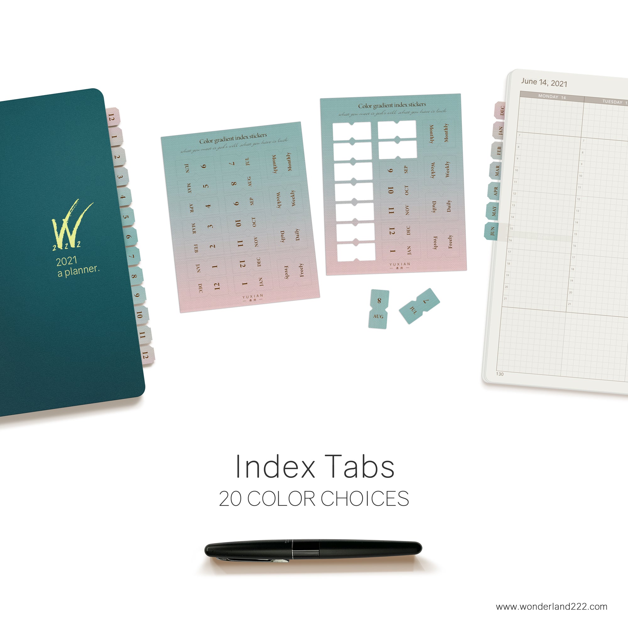 Wonderland 222 planner index tab stickers with monthly, weekly, and daily labels shown applied to a planner for easy section navigation.