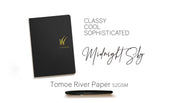 Wonderland 222 B6 notebook in midnight sky with a sophisticated black cover and 52gsm Tomoe River grid paper