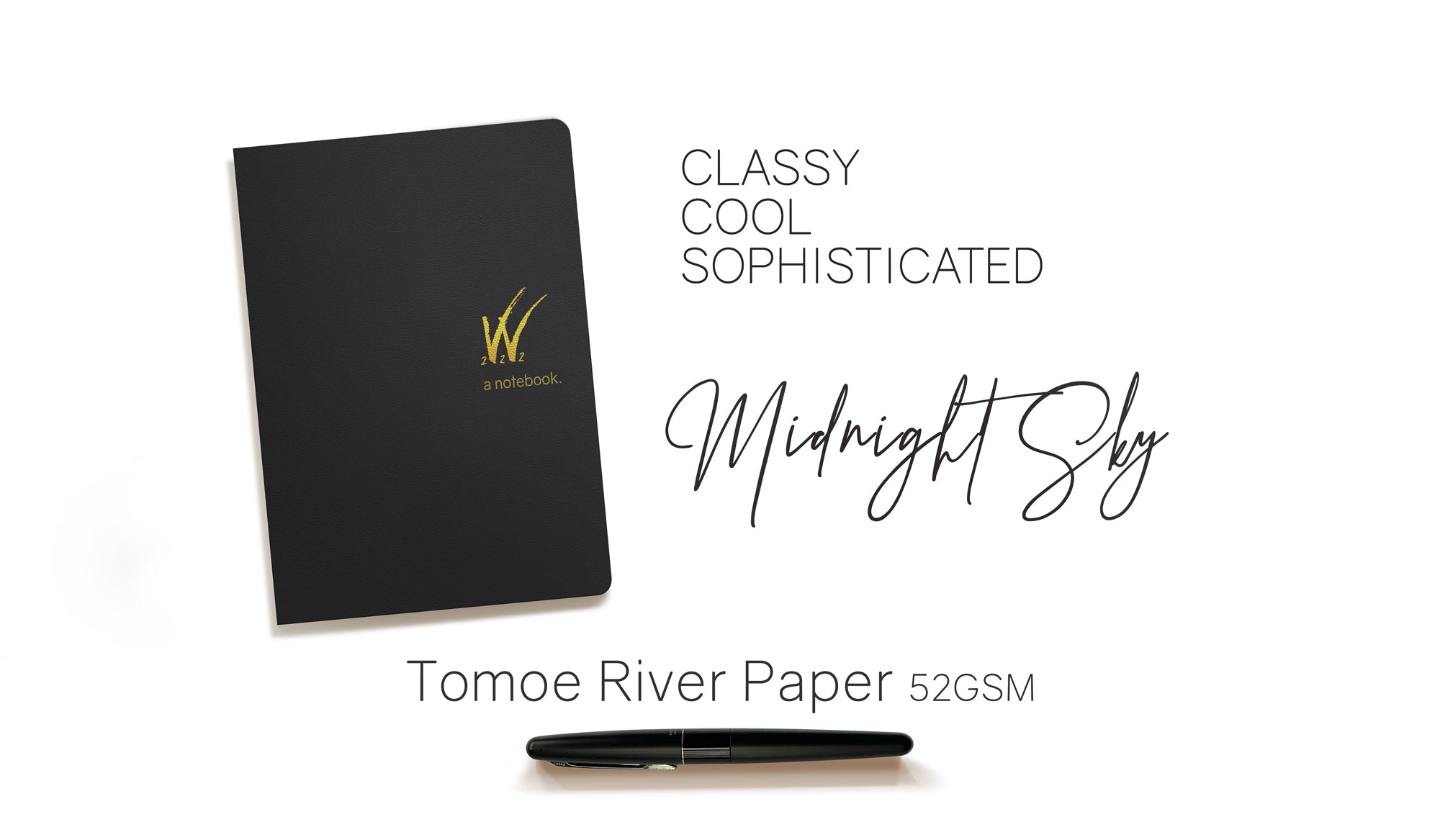Wonderland 222 B6 notebook in midnight sky with a sophisticated black cover and 52gsm Tomoe River grid paper