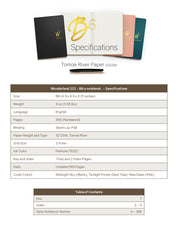 Wonderland 222 B6 notebook specification sheet featuring Tomoe River 52gsm paper and minimalist notebook layouts