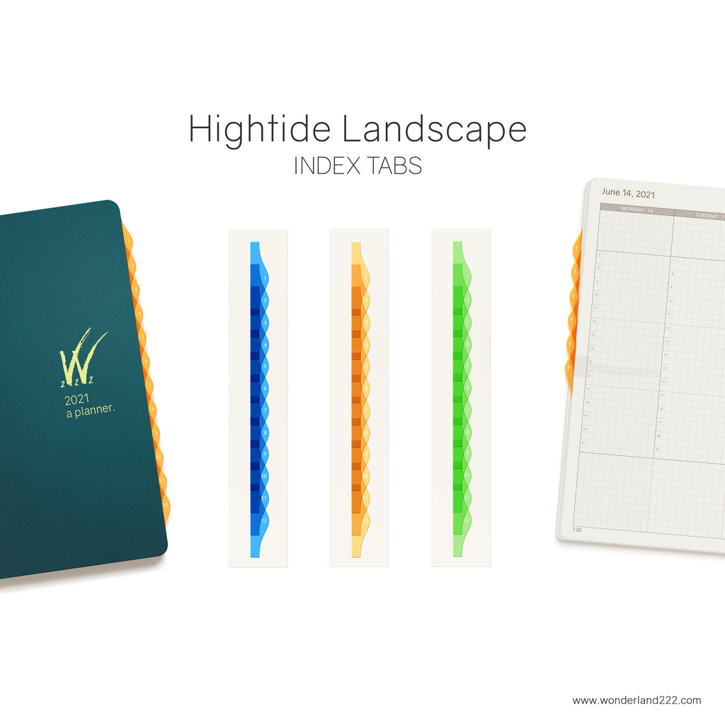 Wonderland 222 Tomoe River Paper Notebooks Planners with HighTide Landscape Monthly Index Tabs Blue Orange Green Transparent