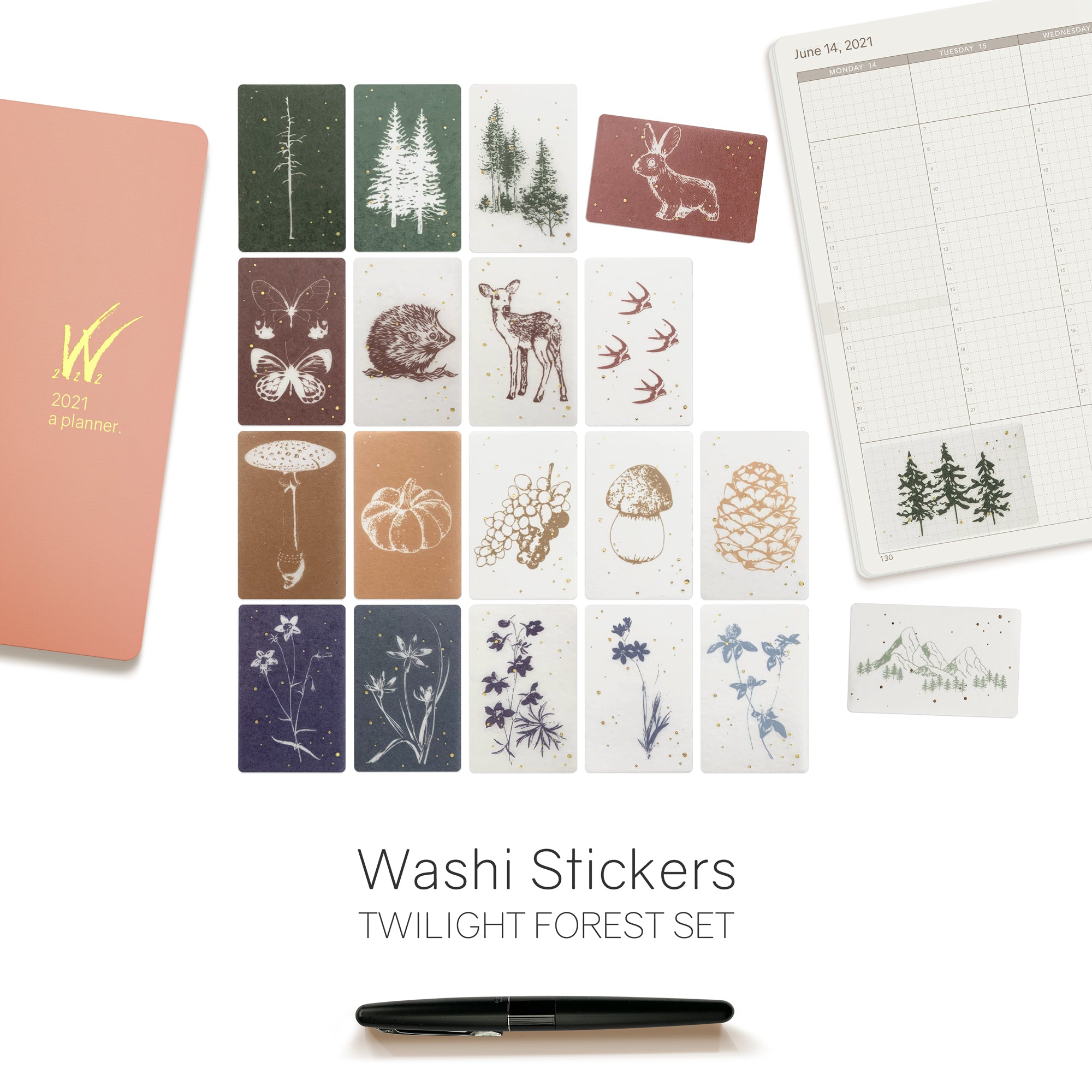 Nature Washi Stickers Flakes for Planners, Notebooks, Bullet Journals and Diaries.  Available at Wonderland 222.  Forest Flora and Fauna.  Woodland creatures.  Semi Transparent 