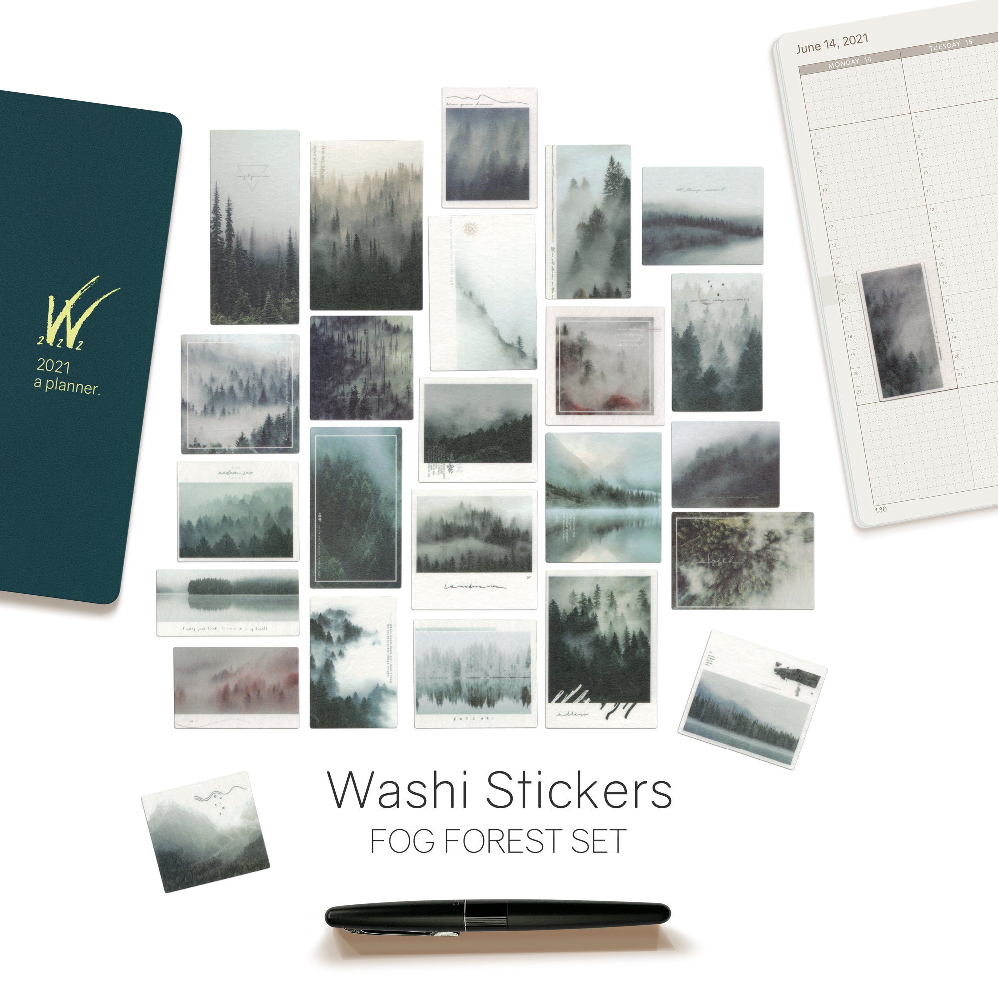 Wonderland 222 Fog Forest planner stickers with atmospheric wilderness imagery and minimalist decorative styling